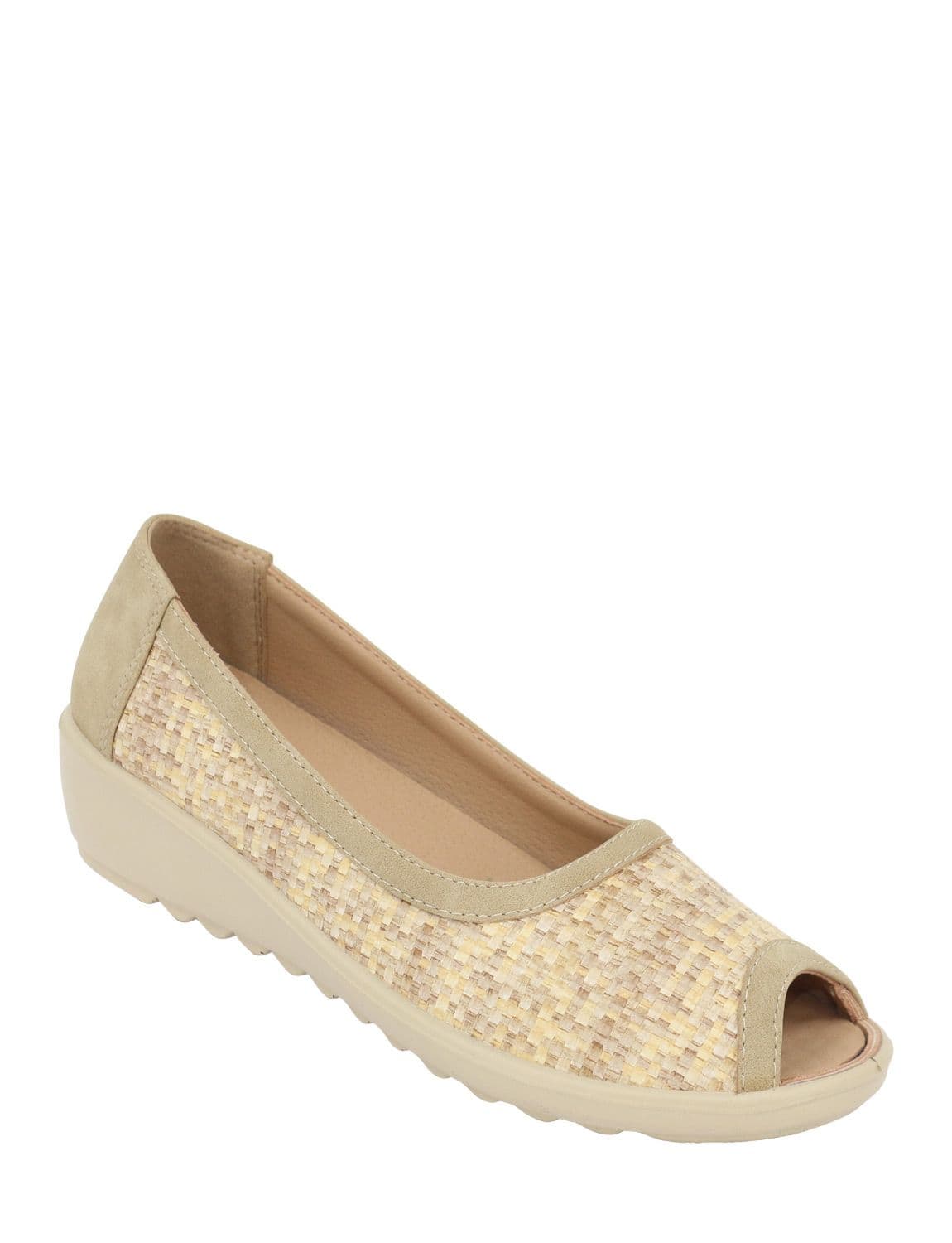 Chums Women's Wide E Fit Raffia Effect Peep Toe Shoe - 1.5" Wedge & Padded Insole in Natural | Size: 6
