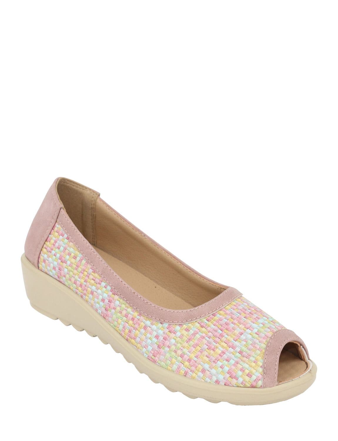 Chums Women's Wide E Fit Raffia Effect Peep Toe Shoe - 1.5" Wedge & Padded Insole in Pink | Size: 7