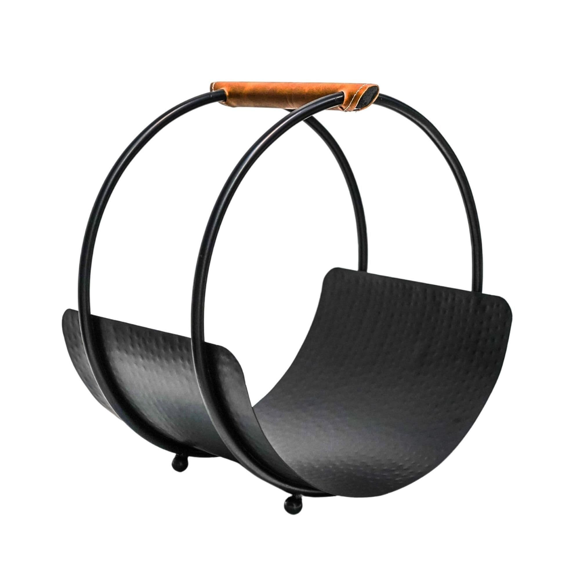 Leather Handle Round Log Holder H43cm W30.5cm