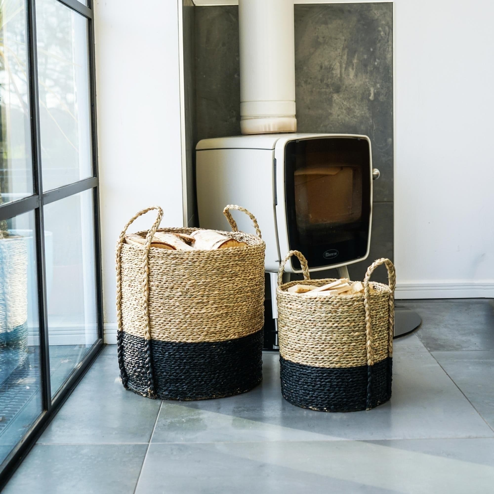 Seagrass Log & Kindling Basket Black Set 2