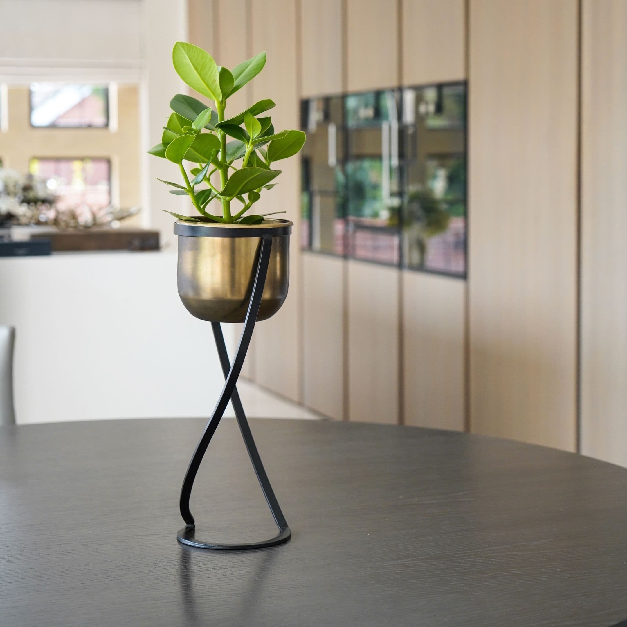 Indoor Kensington Brass Metal Round Planter on Stand H42Cm W14Cm