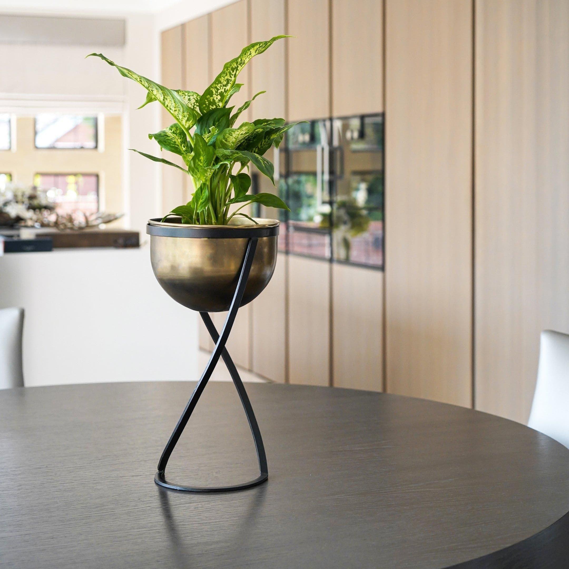 Indoor Kensington Tall Brass Metal Round Planter on Stand H42cm x W20cm