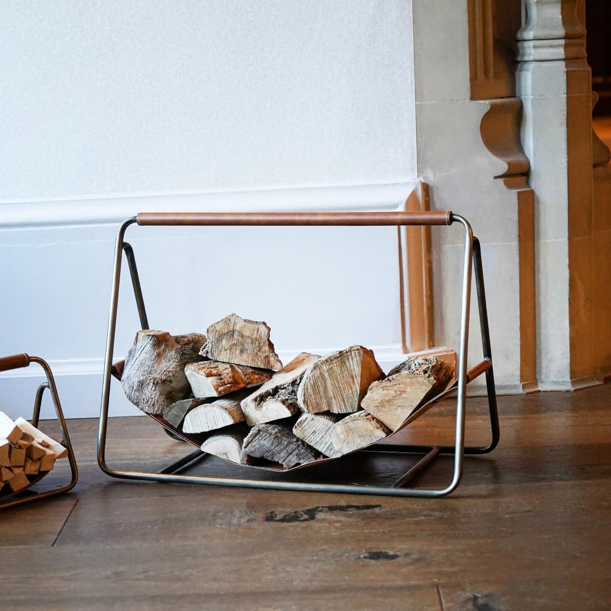 Contemporary Antique Brass Hanging Leather Log Holder