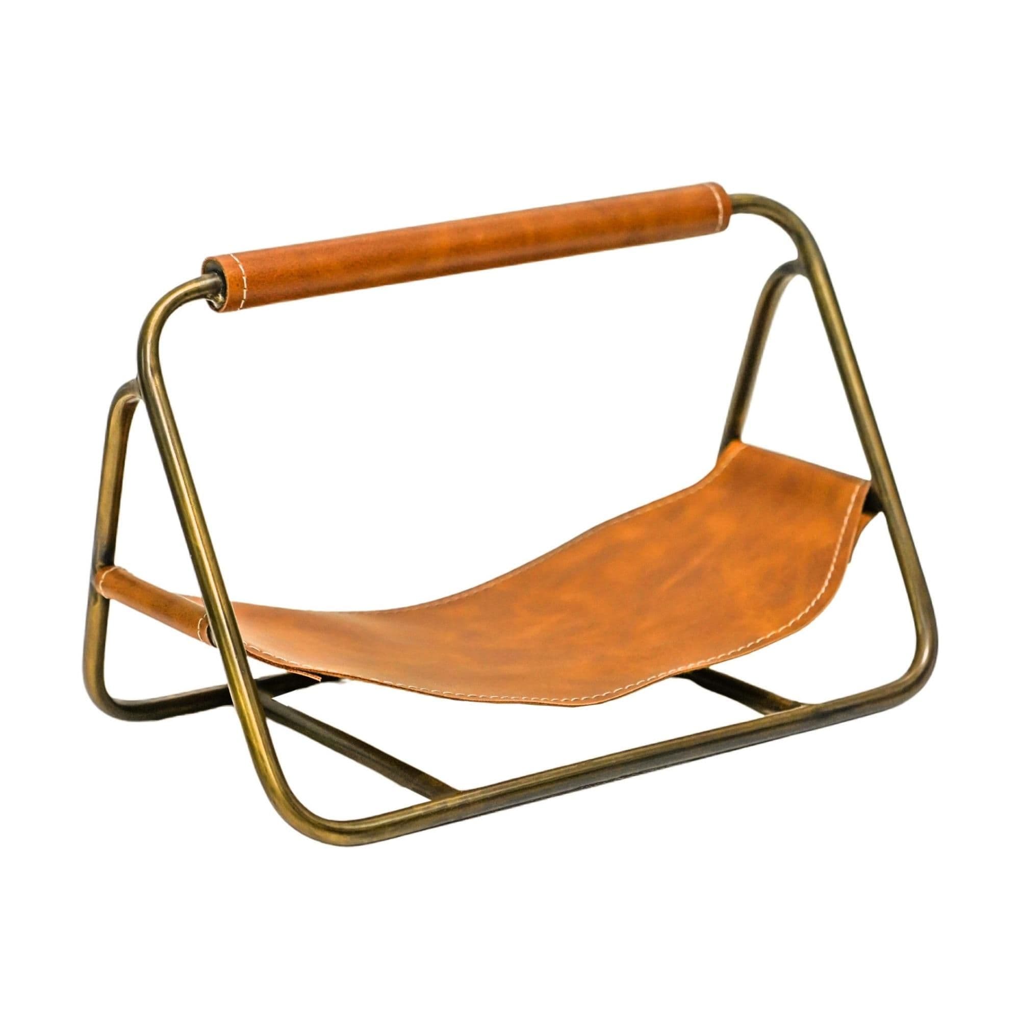 Contemporary Antique Brass Hanging Leather Kindling Holder