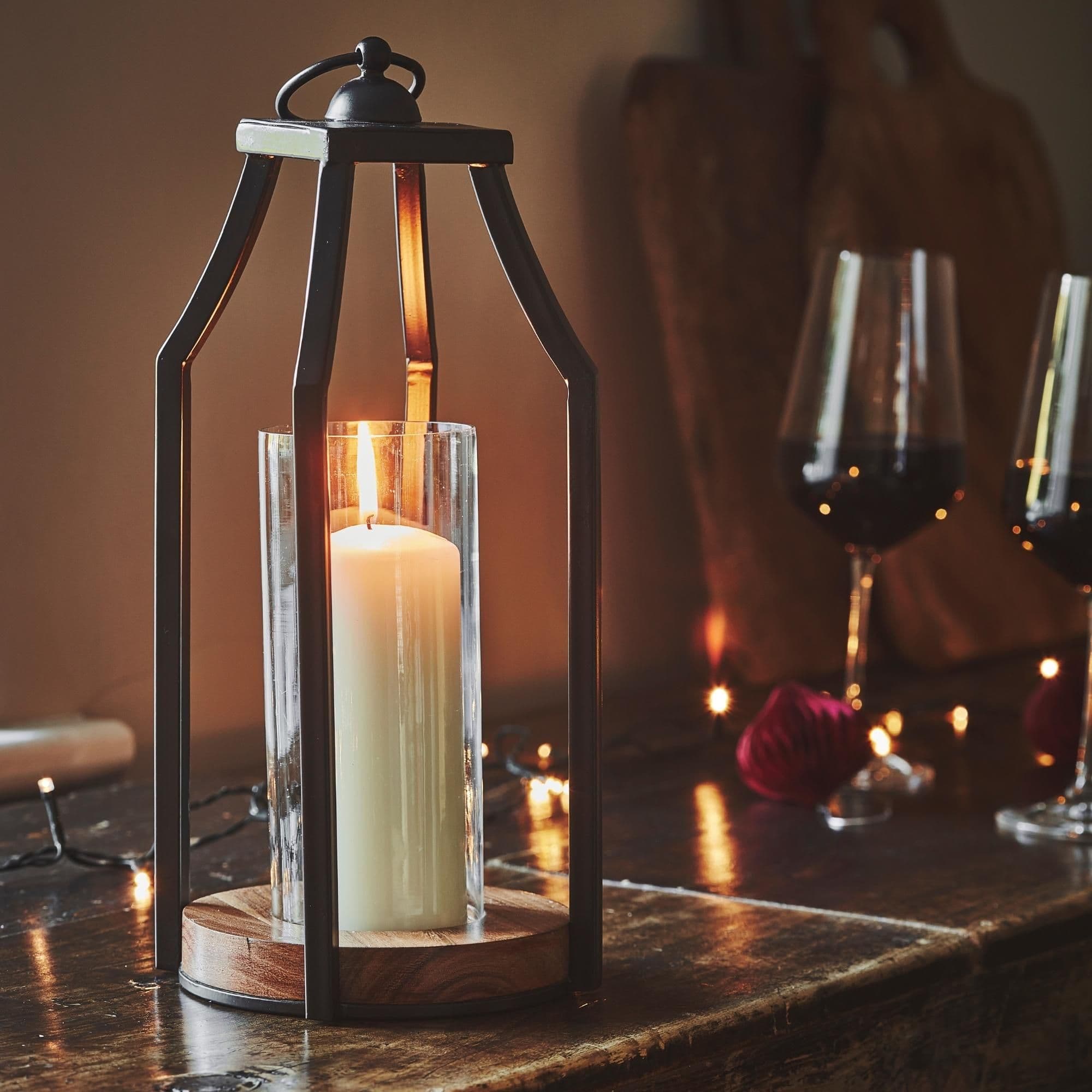 Felicity Circular Base Lantern Acacia Wood Black H30cm W14cm