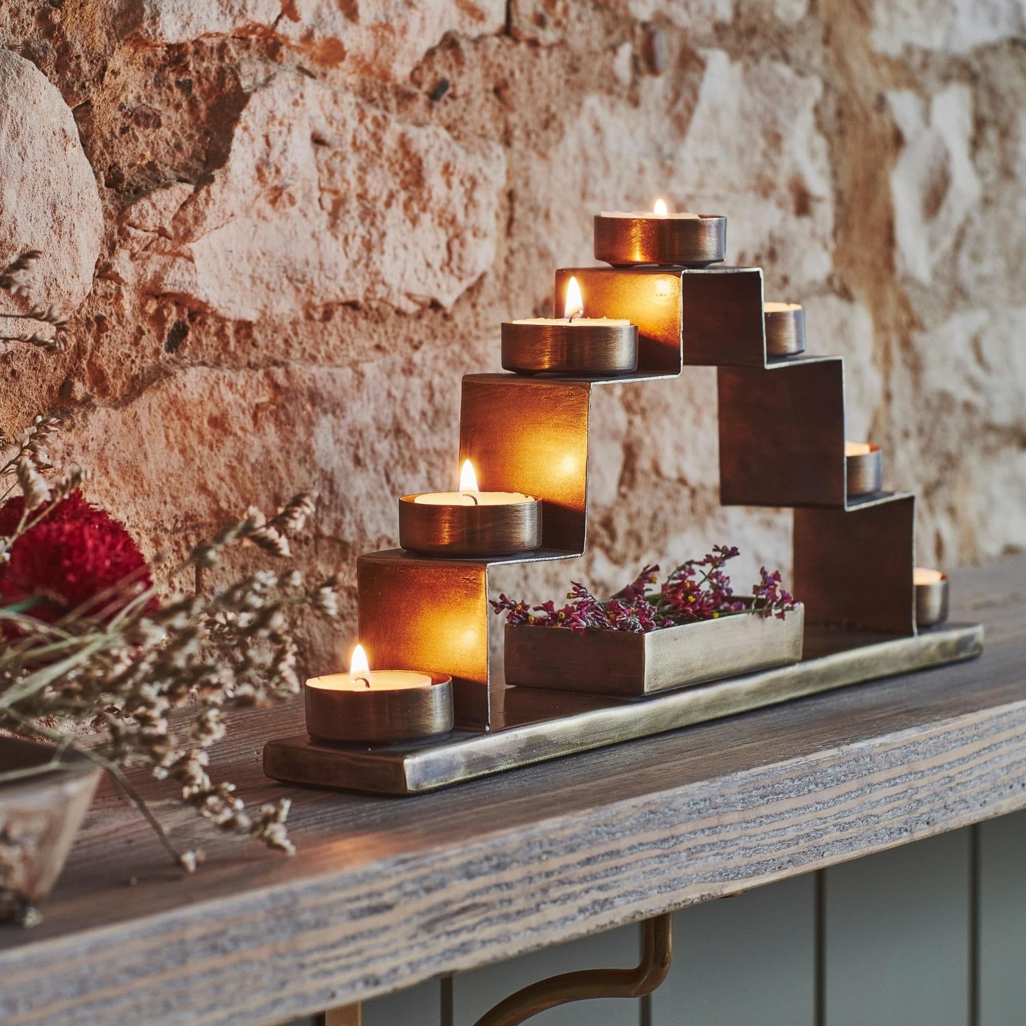Tealight Candle Holder Decor Box Antique Brass H16.5Cm W35.5Cm