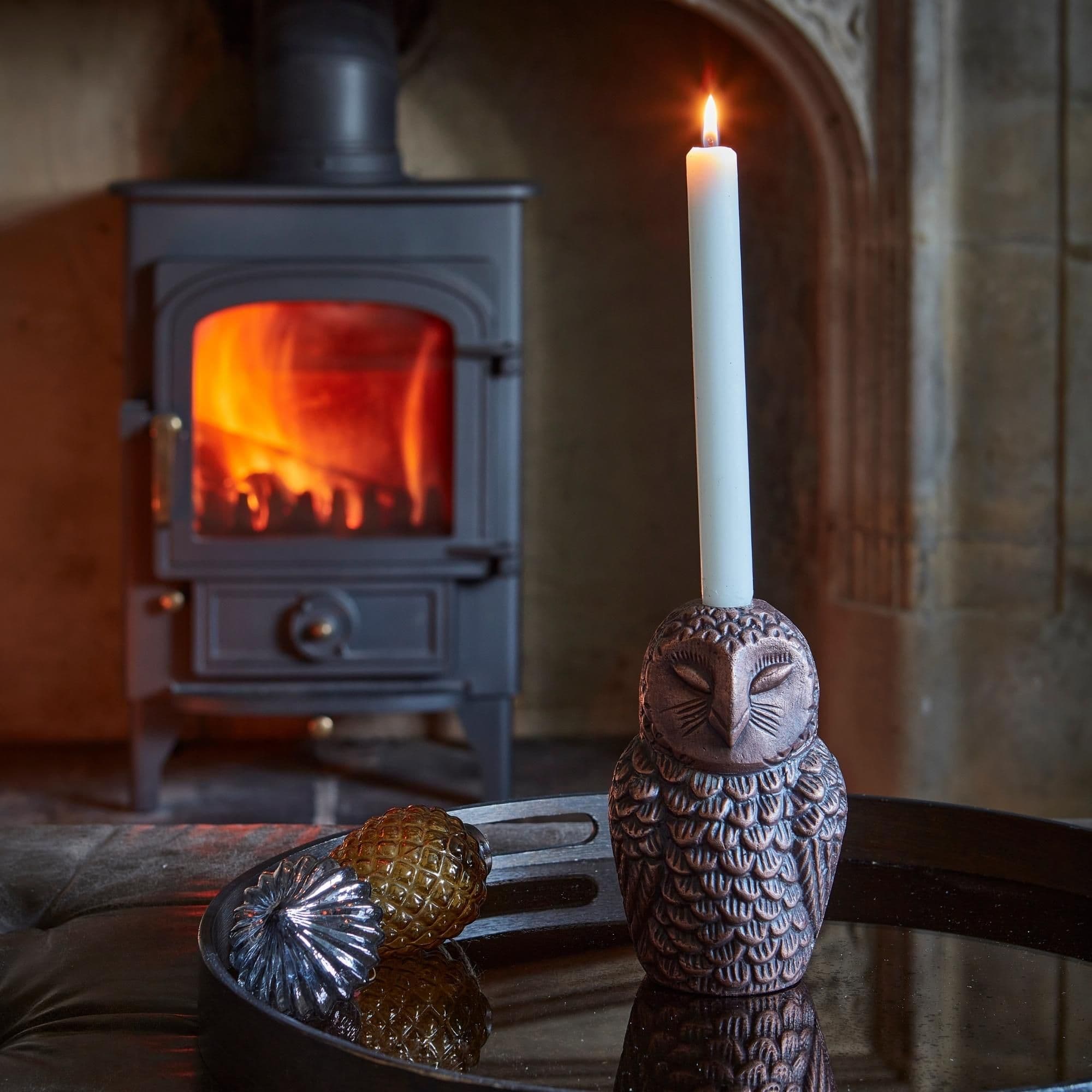 Cast Aluminium Owl Candle Holder Antique H14.5Cm W7.5Cm