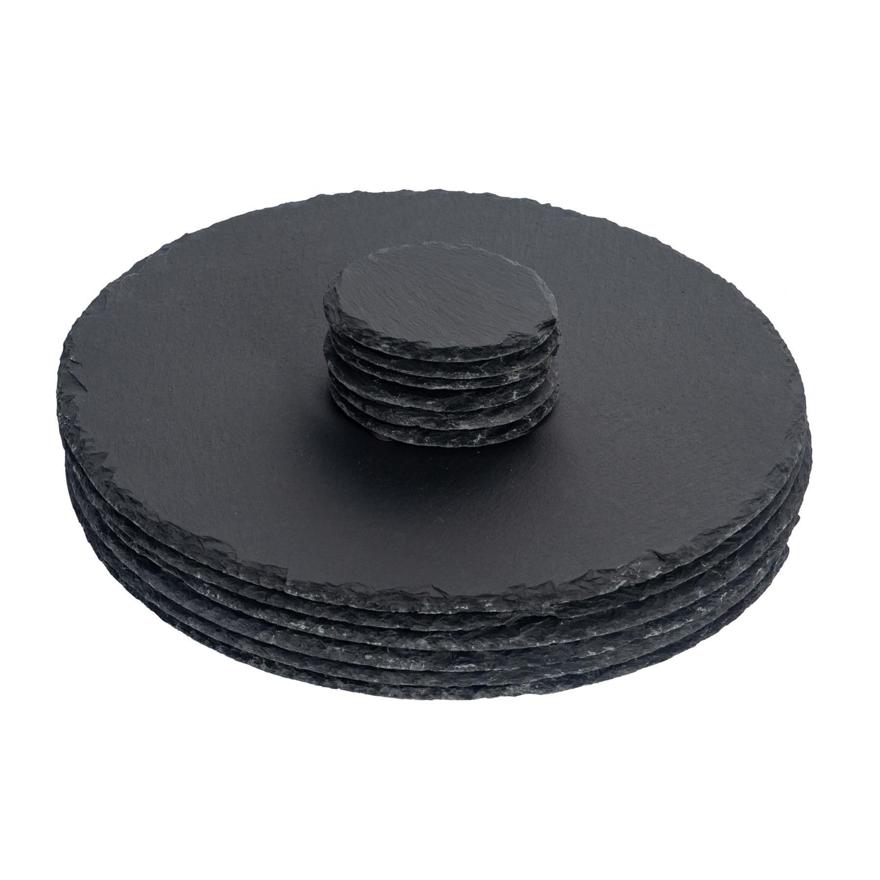 Round Slate Placemats & Coasters Set 33cm Grey