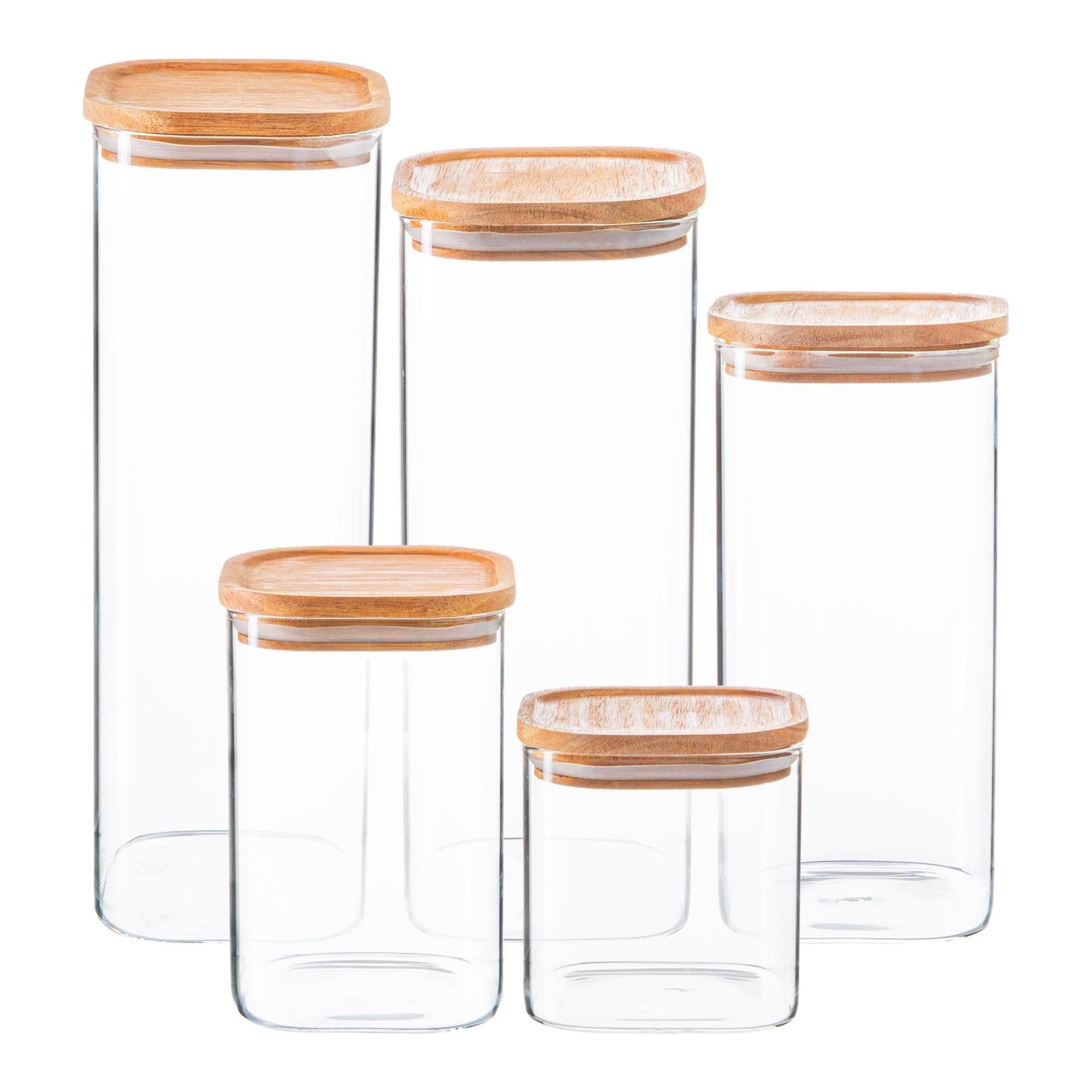 5 Piece Square Glass Storage Jars Set with Wooden Lids