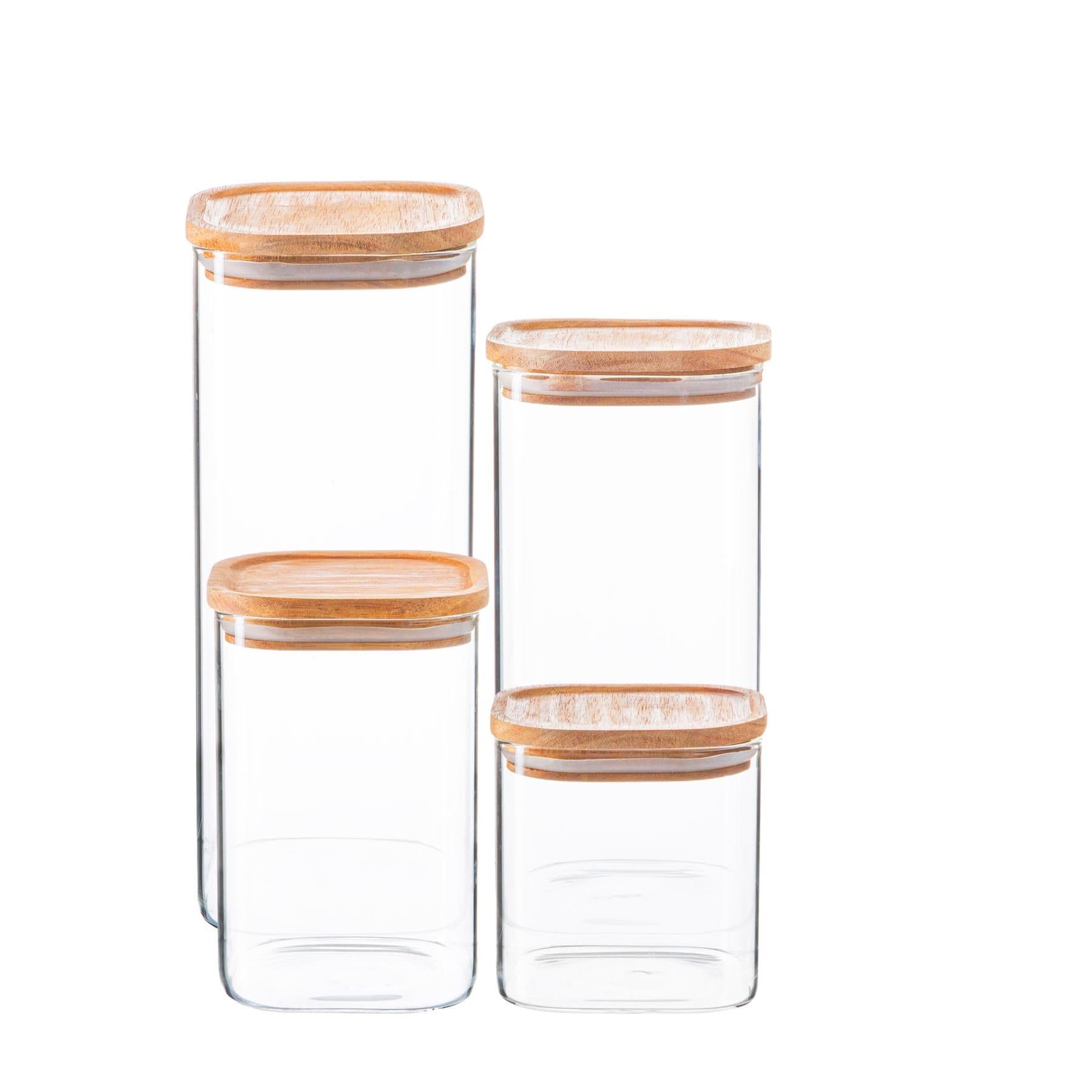 4 Piece Square Glass Storage Jars Set with Wooden Lids