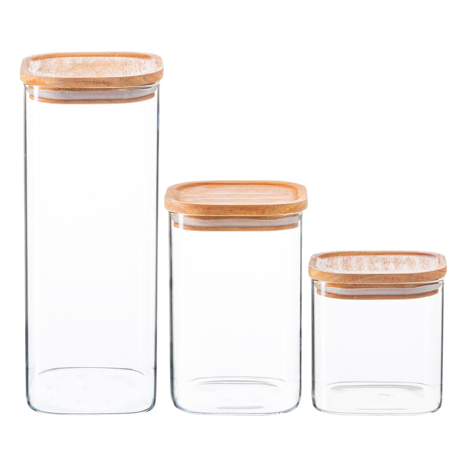 3 Piece Square Glass Storage Jars Set with Wooden Lids