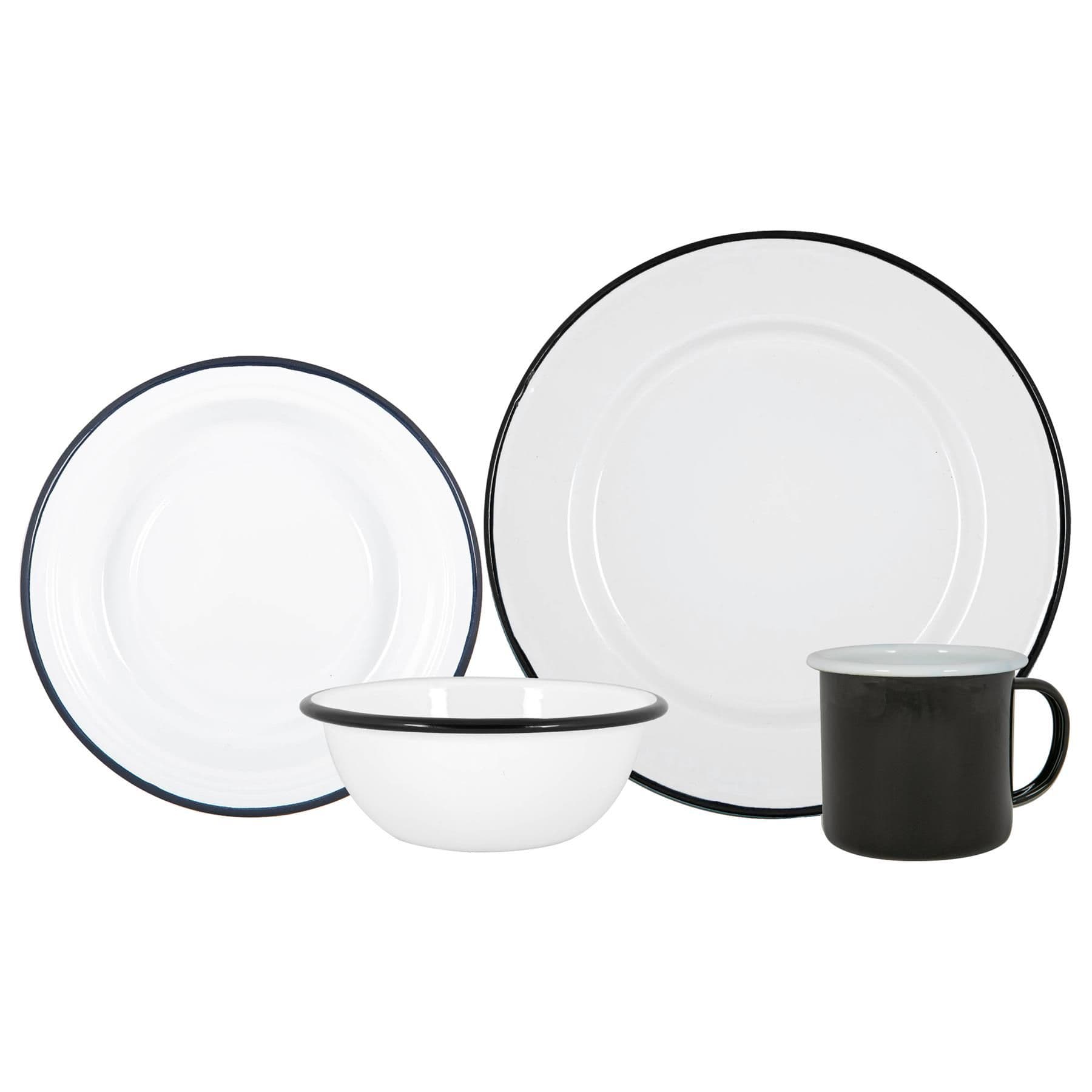 16 Piece White Enamel Dinner Set - Black