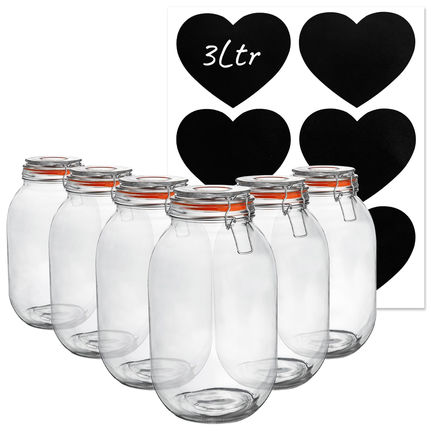 Glass Storage Jars with Heart Labels 3L Clear Pack of 6