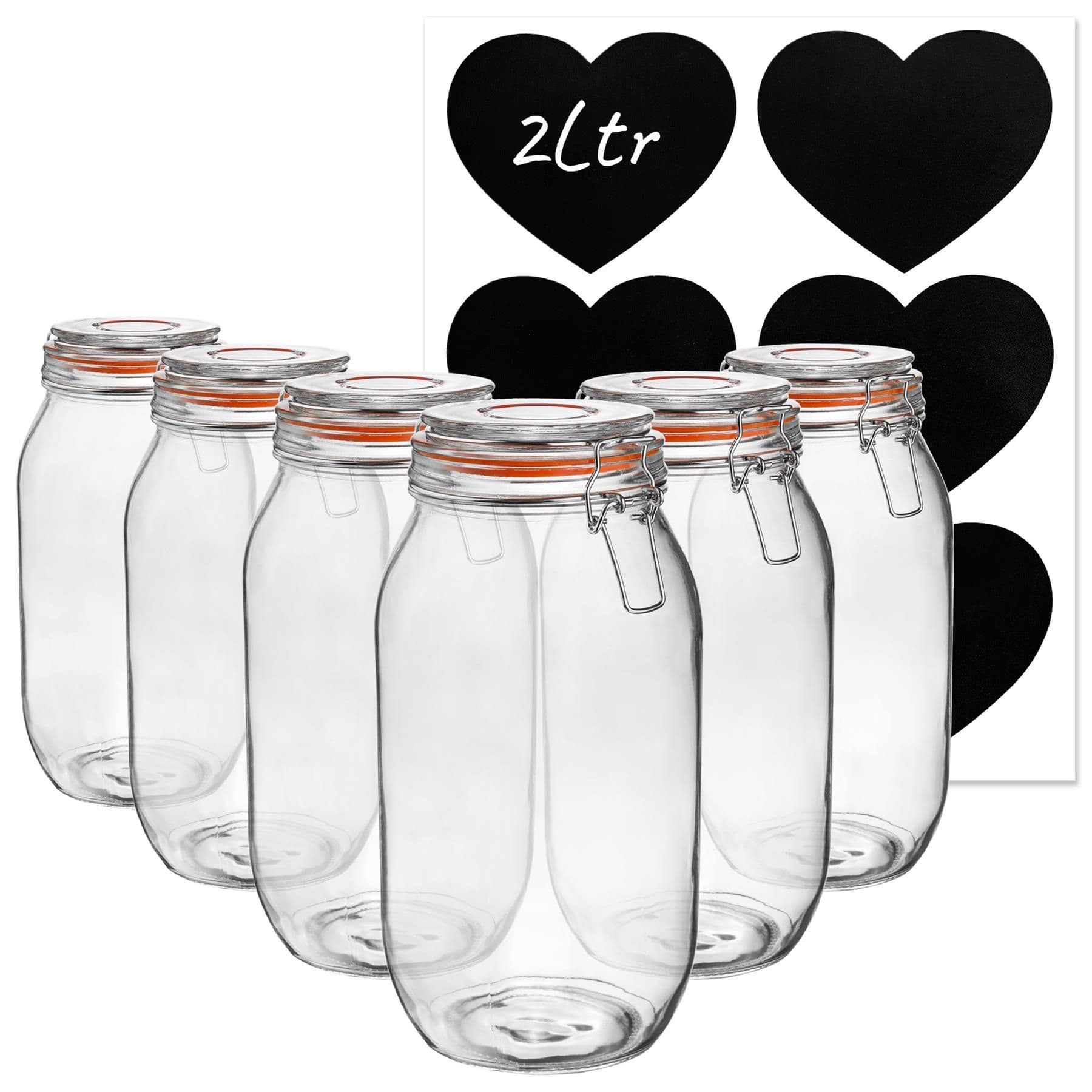 Glass Storage Jars with Heart Labels 2L Clear Pack of 6