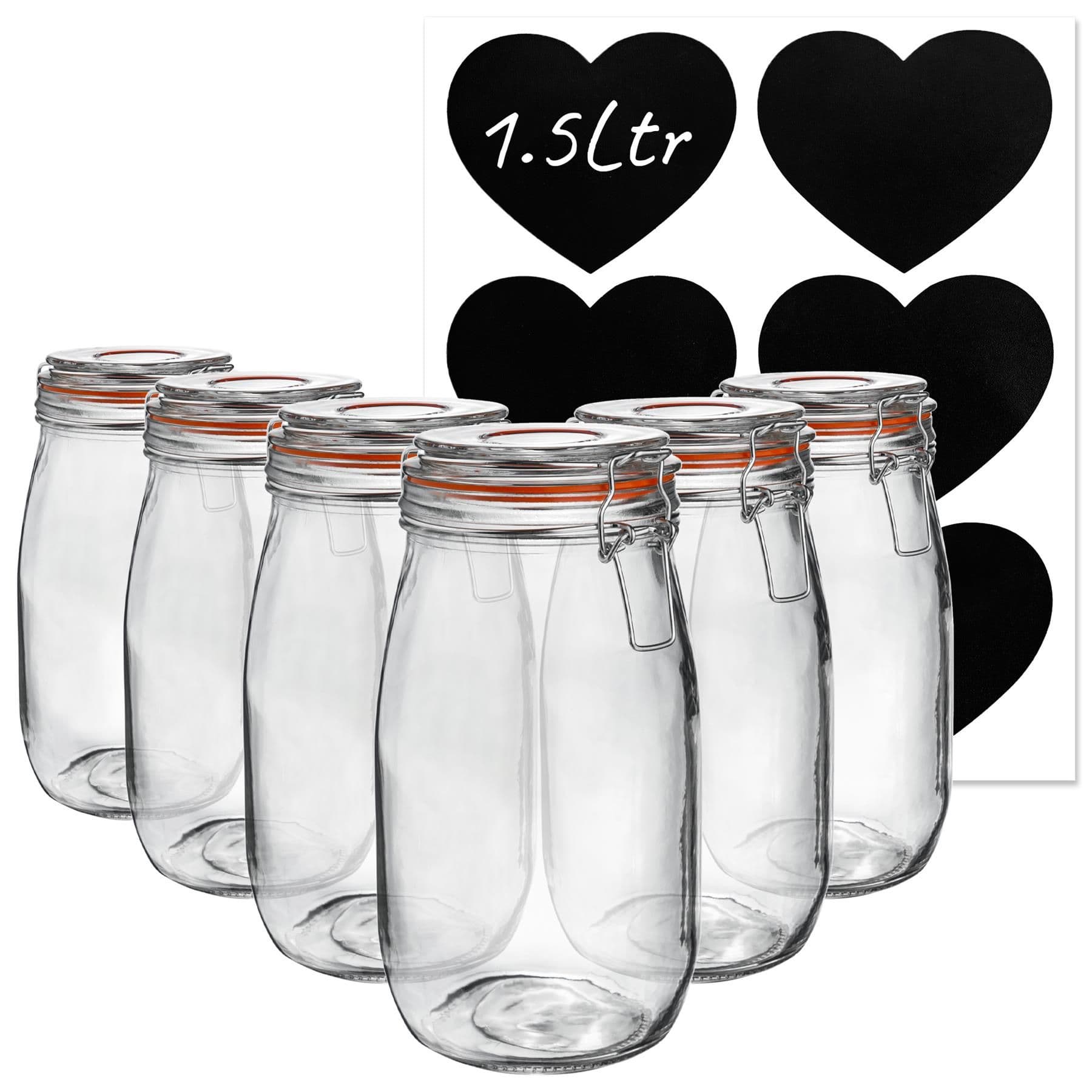 Glass Storage Jars with Heart Labels 1.5L Clear Pack of 6