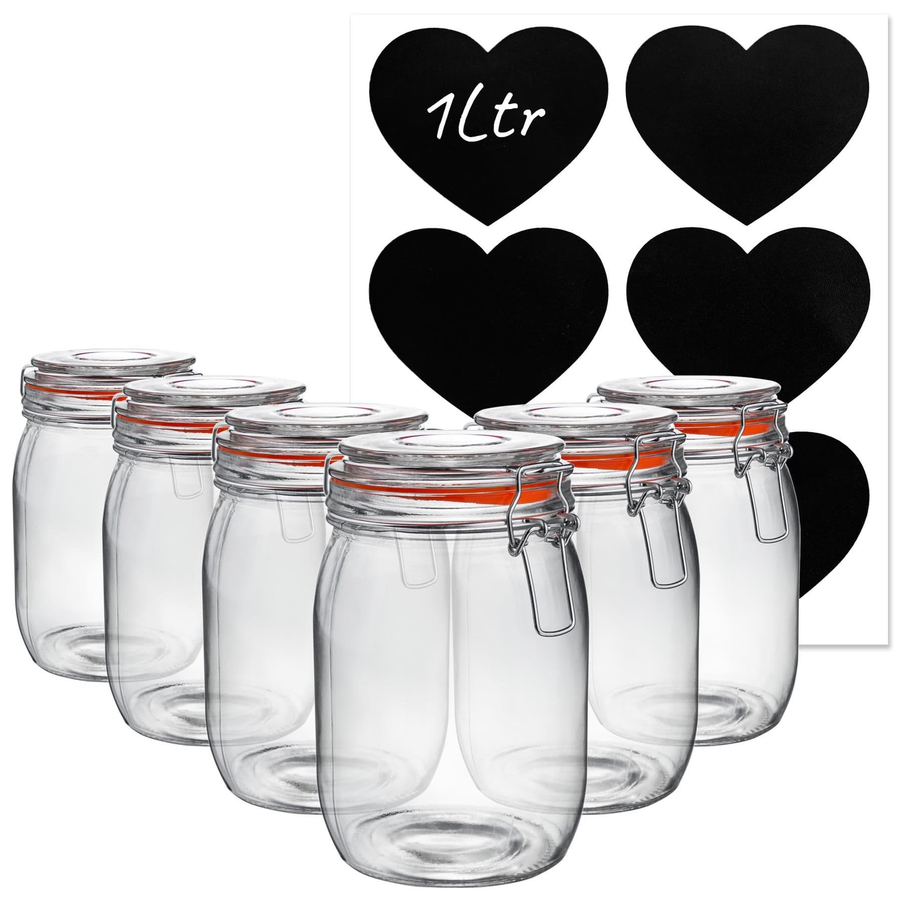 Glass Storage Jars with Heart Labels 1L Clear Pack of 6