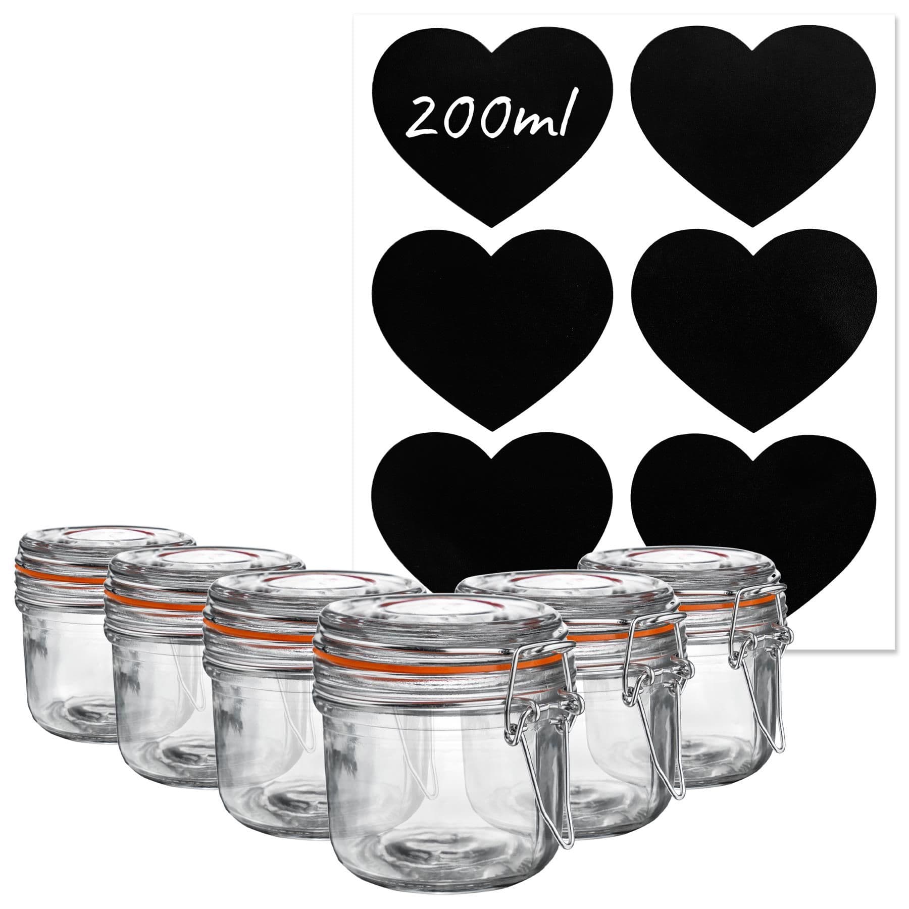 Glass Storage Jars with Heart Labels 200ml Clear Pack of 6