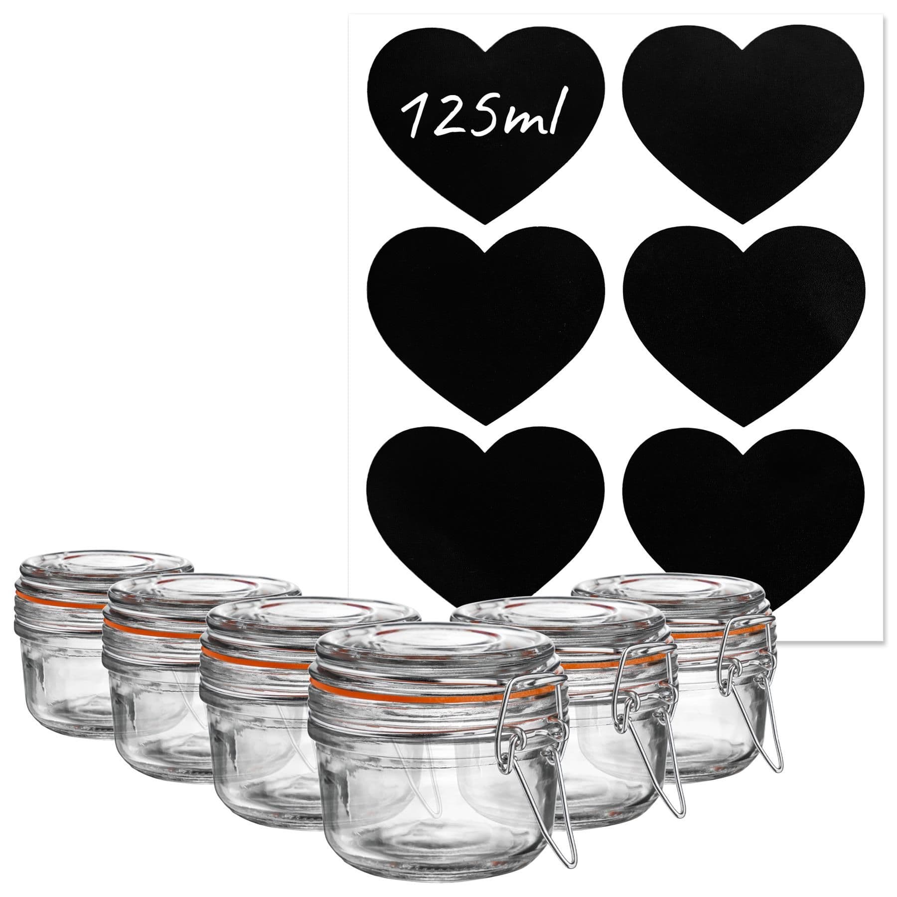 Glass Storage Jars with Heart Labels 125ml Clear Pack of 6