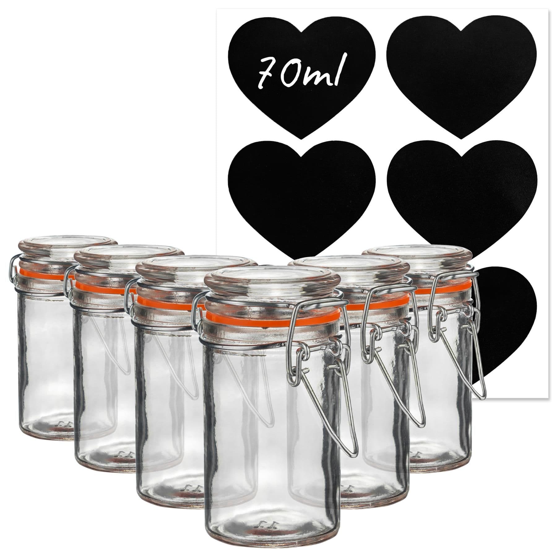 Glass Storage Jars with Heart Labels 70ml Clear Pack of 6