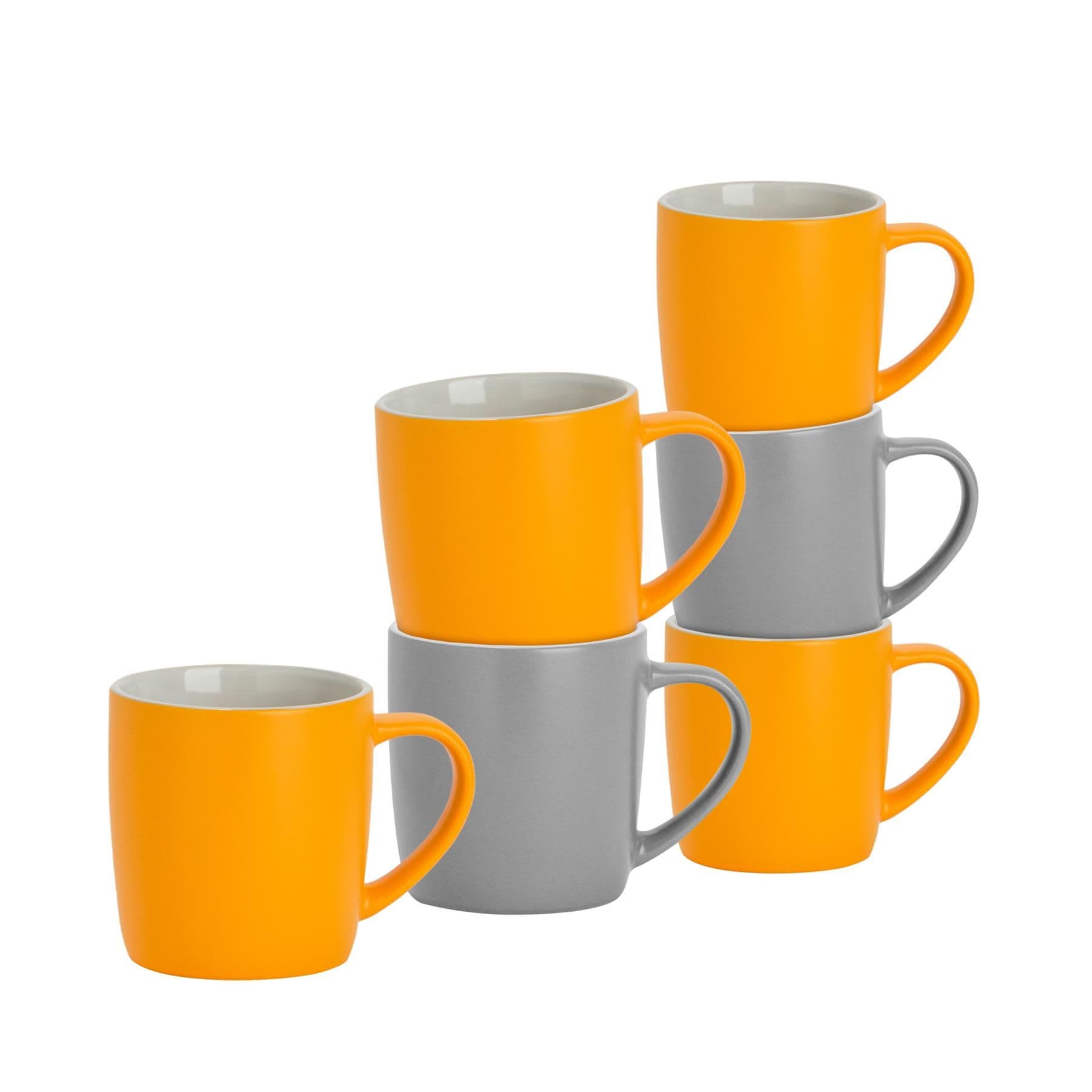 Matte Coloured Coffee Mugs - 350ml - Grey/Yellow - Pack of 6