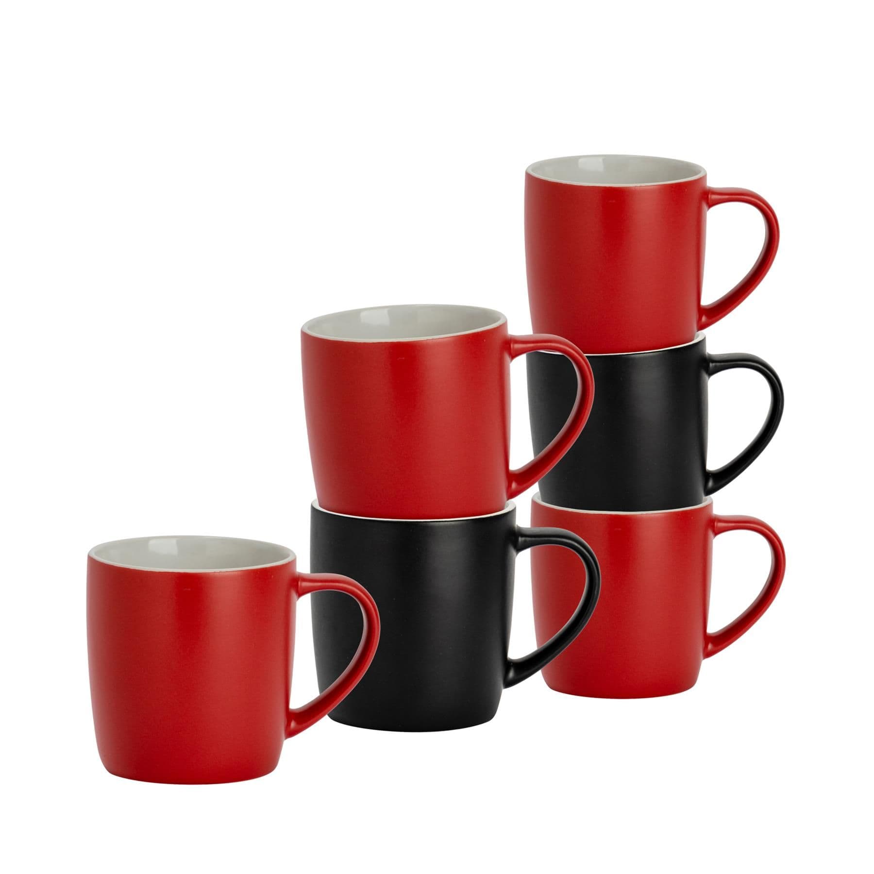 Matte Coloured Coffee Mugs - 350ml - Black/Red - Pack of 6