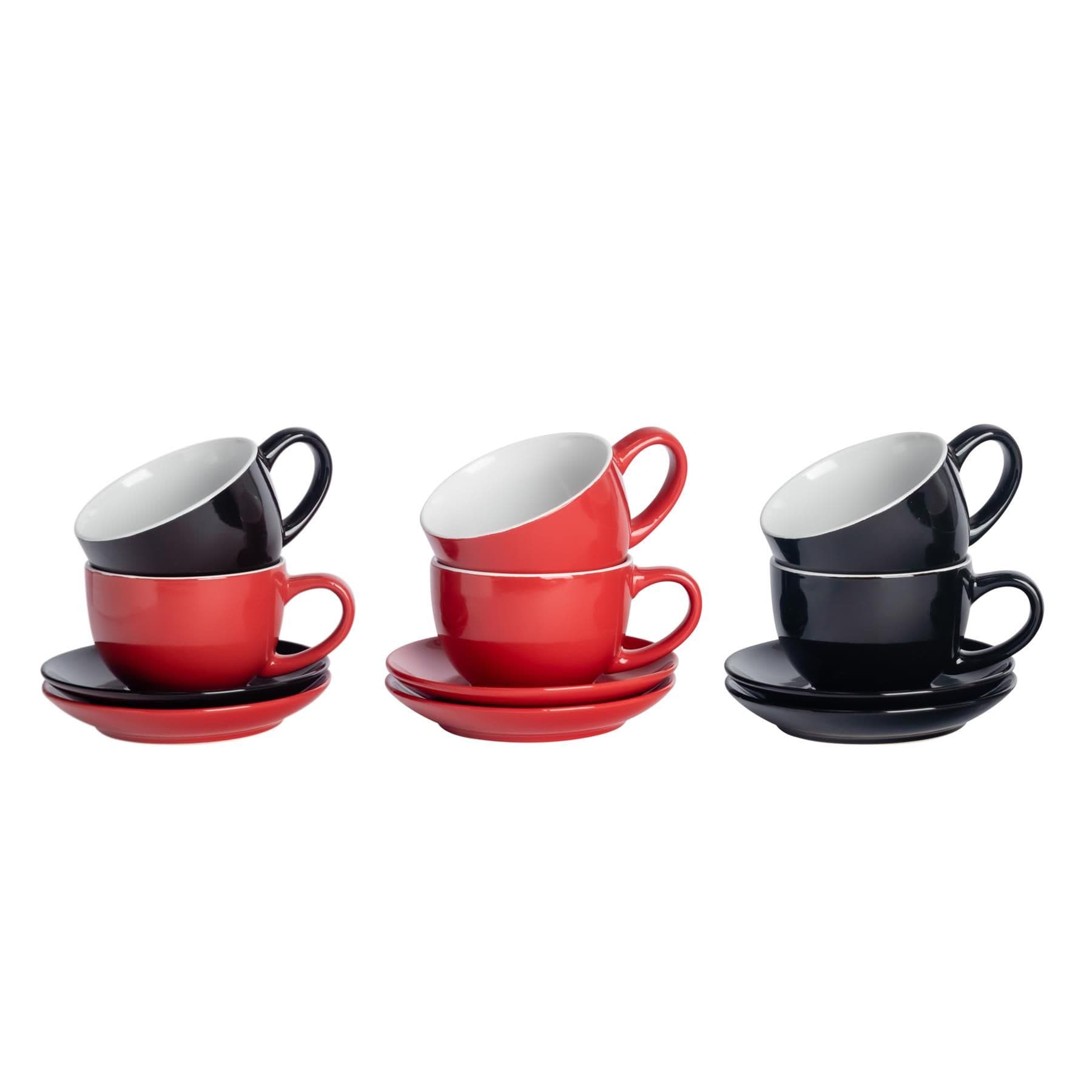 Coloured Cappuccino Cup & Saucer Set - 250ml - Red/Black - 12 Piece