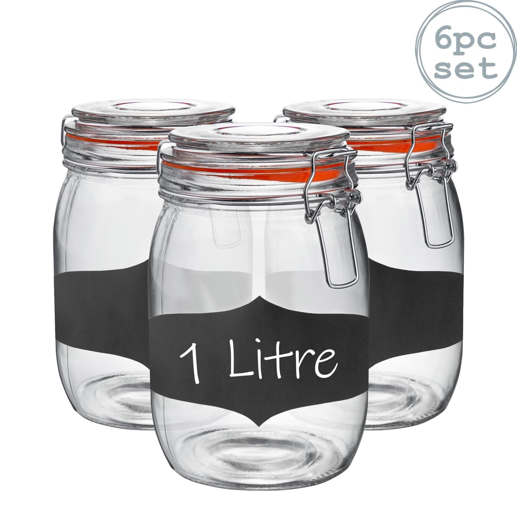 Glass Storage Jars with Labels 1 Litre Orange Seal Pack of 6