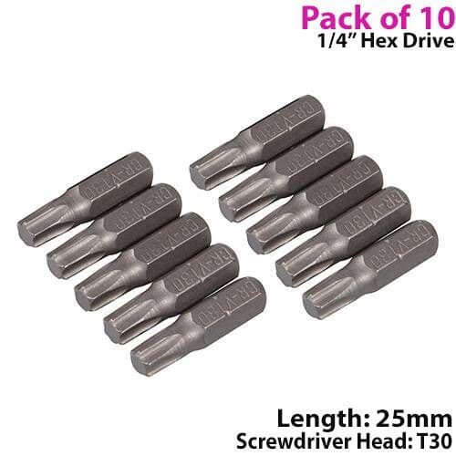 10 PACK T30 Chrome Vanadium Screwdriver Bits ¼" Hex Star Shank