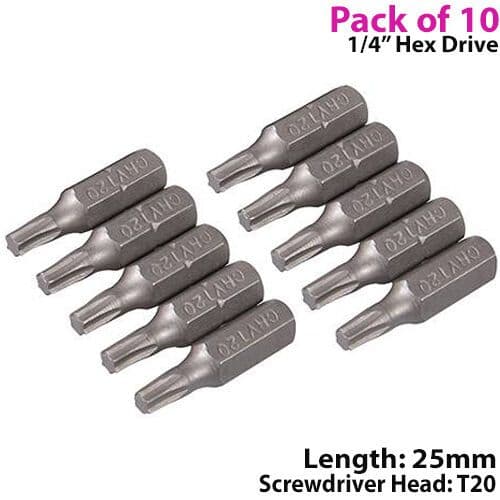 10 PACK T20 TRX TORX Star Chrome Vanadium Screwdriver Bits ¼" Hex Steel Shank