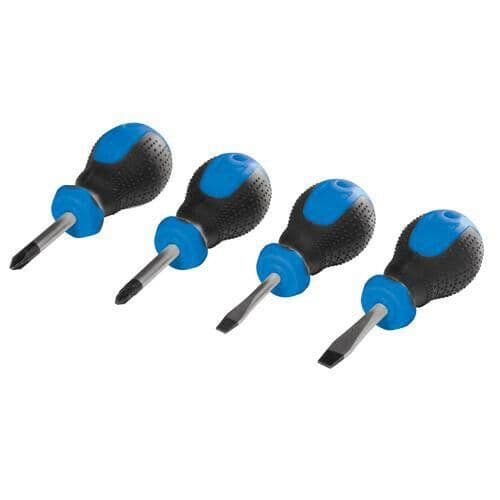 4 Piece Stubby Screwdriver Set Soft Grip Slotted & PZD Cross Tool Tight Space