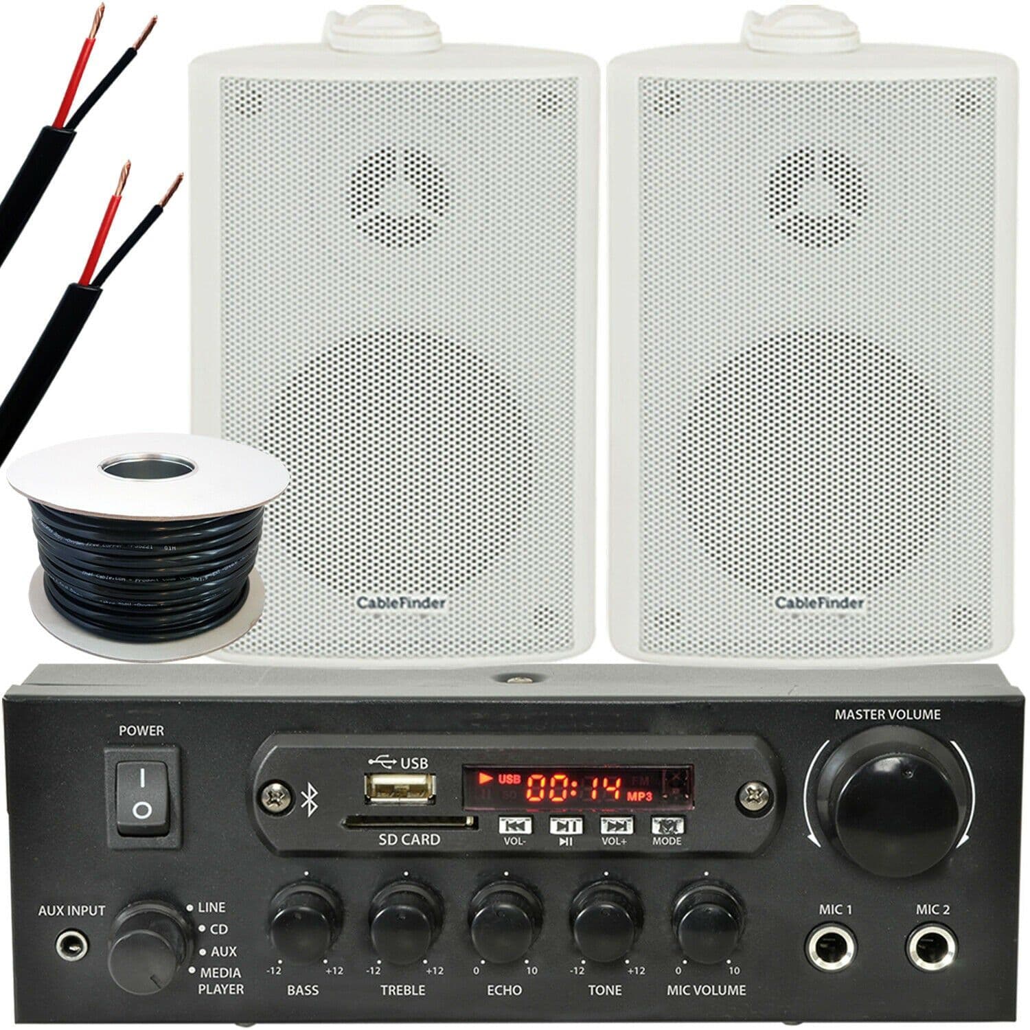 Outdoor Bluetooth Speaker Kit 2x White Karaoke Stereo Amp Garden BBQ Parties