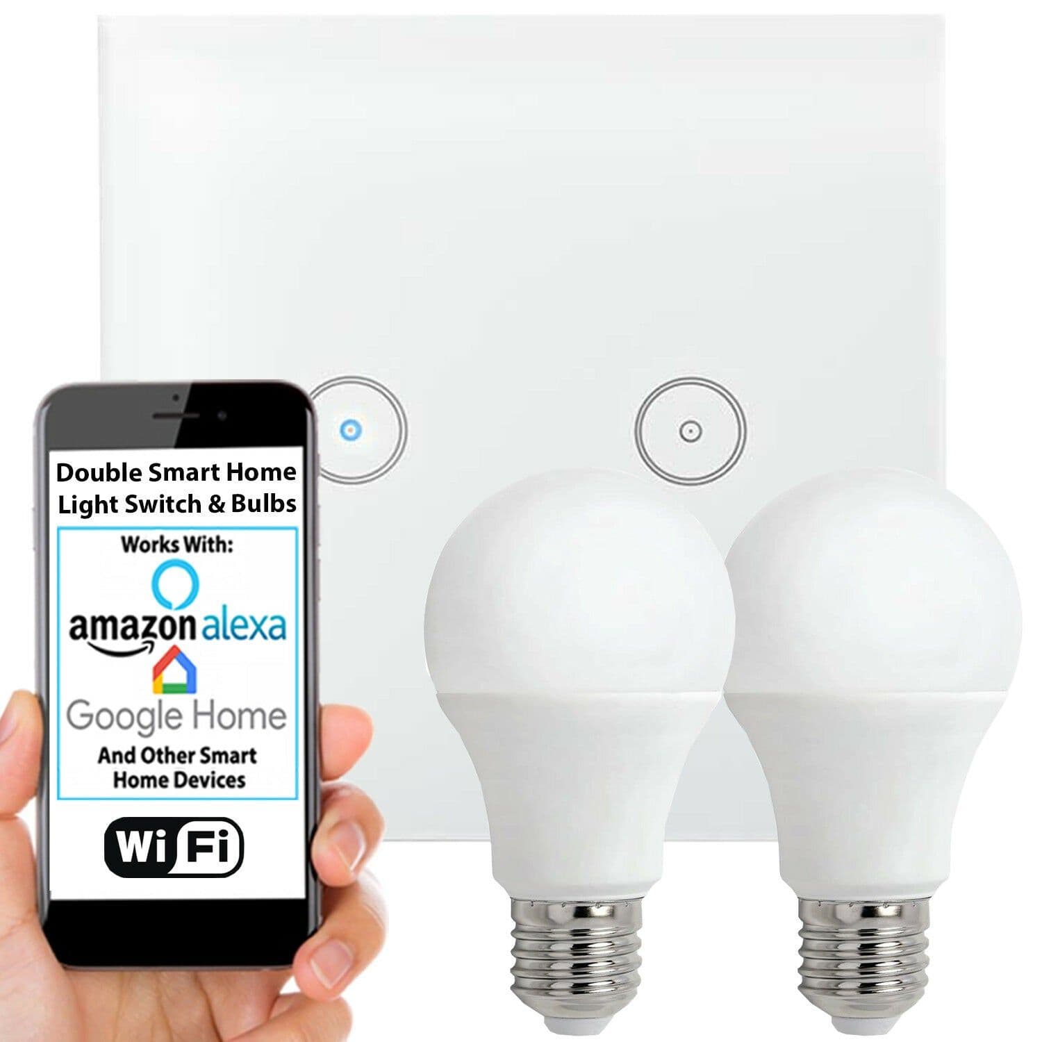 WiFi Light Switch & Bulb 2x 10W E27 Warm Lamp & Double Wireless Wall Plate