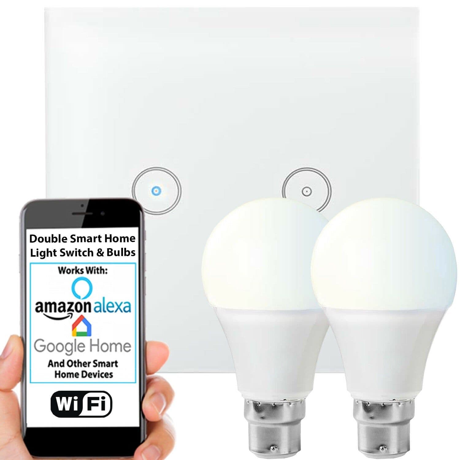 WiFi Light Switch & Bulb 2x 10W B22 Cool Lamp & Double Wireless Wall Plate