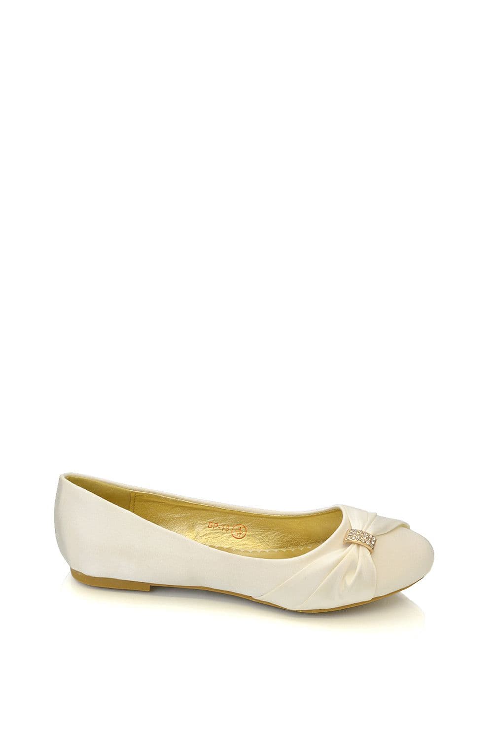 XY London Women's 'Gabriela' Flat Ruched Diamante Sparkly Brooch Classic Wedding Bridal Ballerina Pumps in Ivory | Size: 5