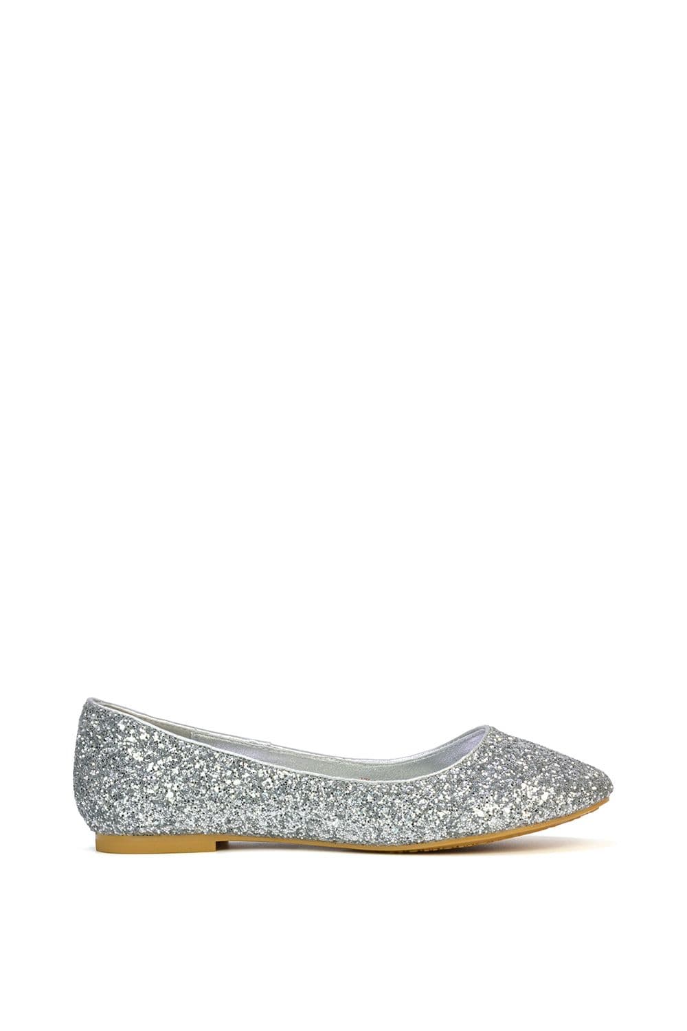 XY London Women's 'Karissa' Flat Slip on Sparkly Glitter Ballerina Pumps in Silver | Size: 6