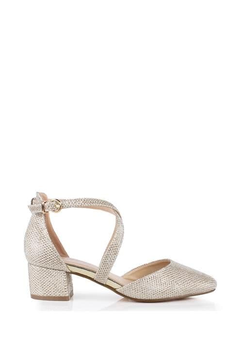 Paradox London Women's Glitter 'Francis' Mid Block Heel Wide Fit Court Shoes in Metallic Gold | Size: 4