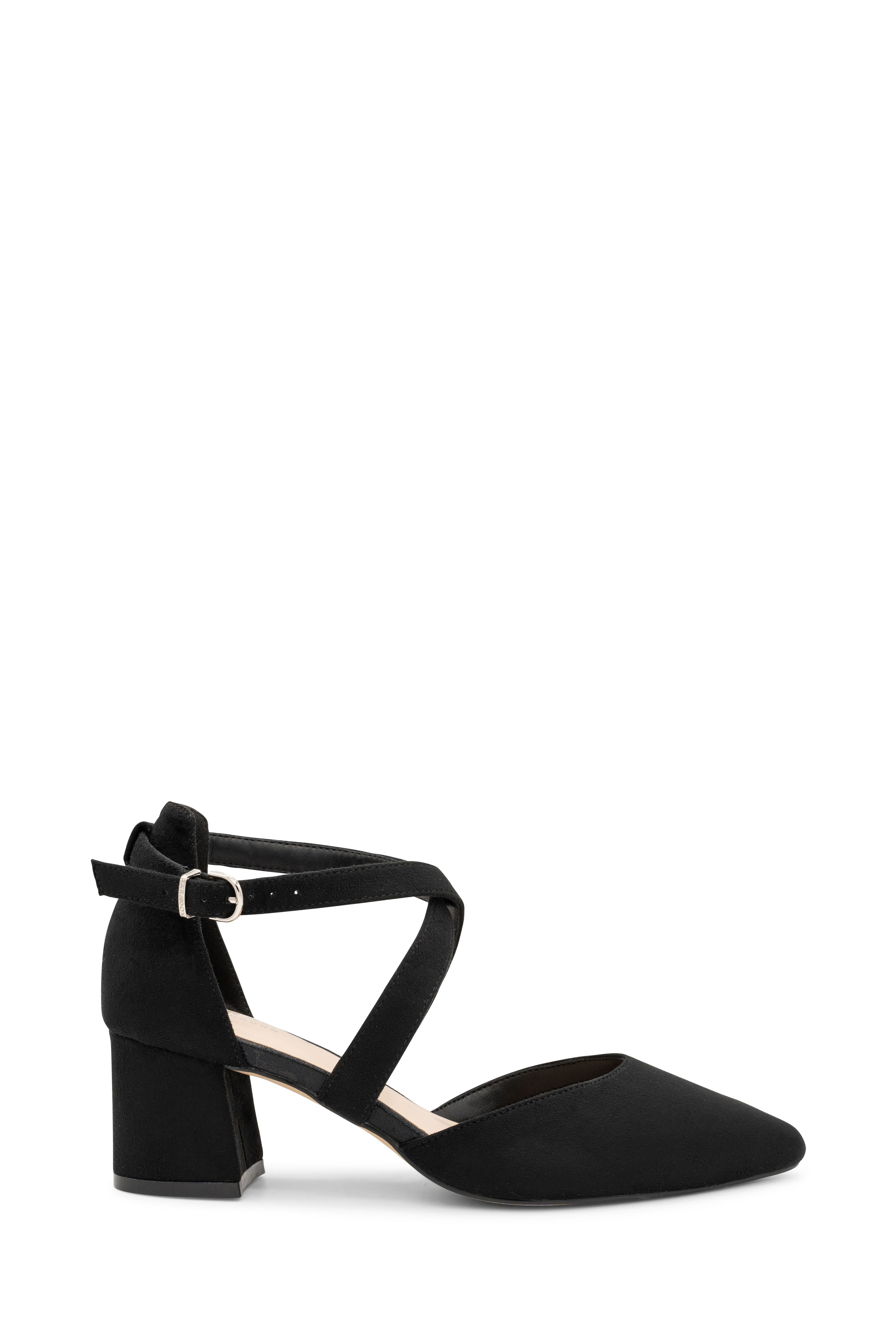 Paradox London Women's Micro Suede 'Ffion' Wide Fit Mid Block Heel Cross Strap Court Shoe in Black | Size: 4E