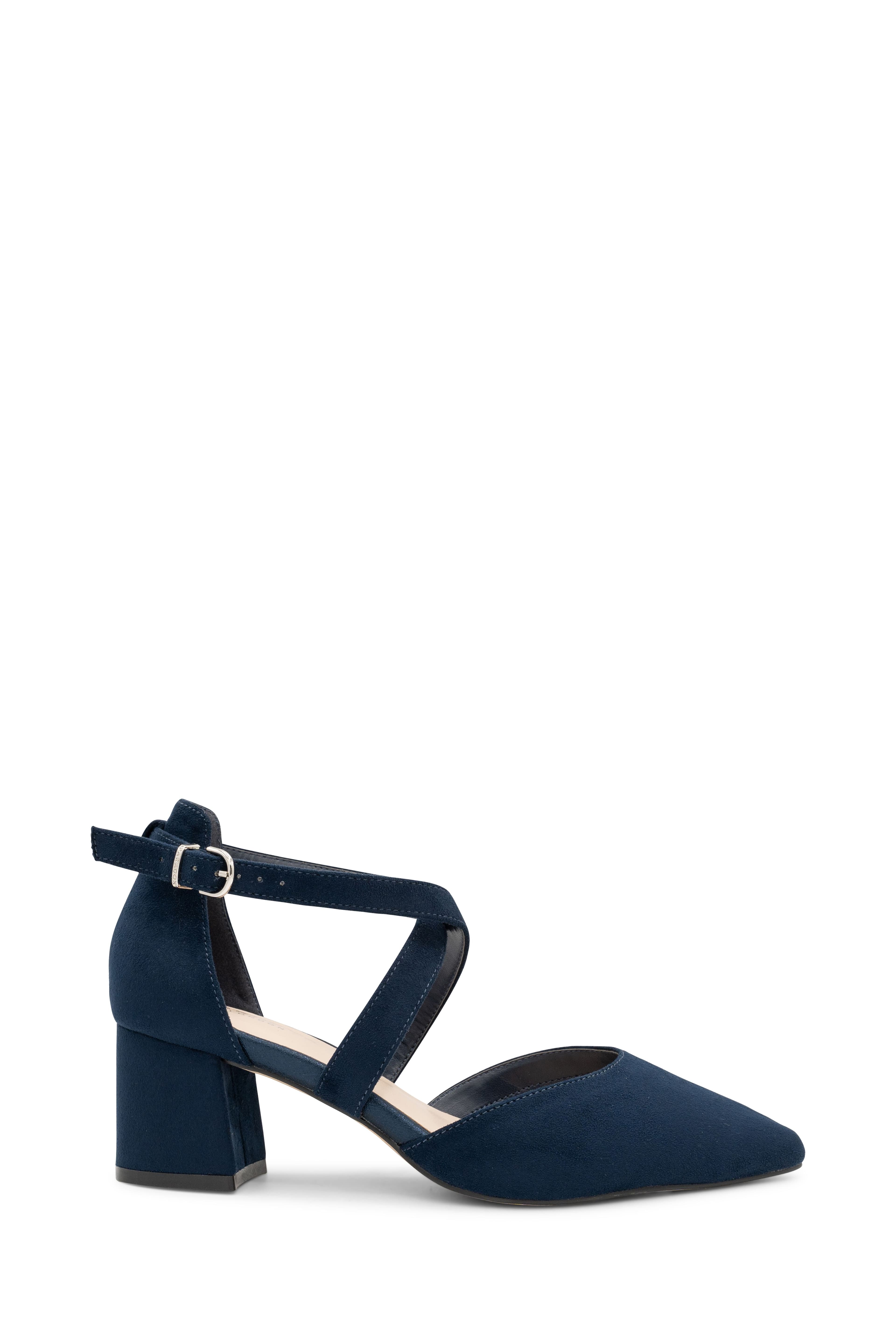 Paradox London Women's Micro Suede 'Ffion' Wide Fit Mid Block Heel Cross Strap Court Shoe in Navy | Size: 4E