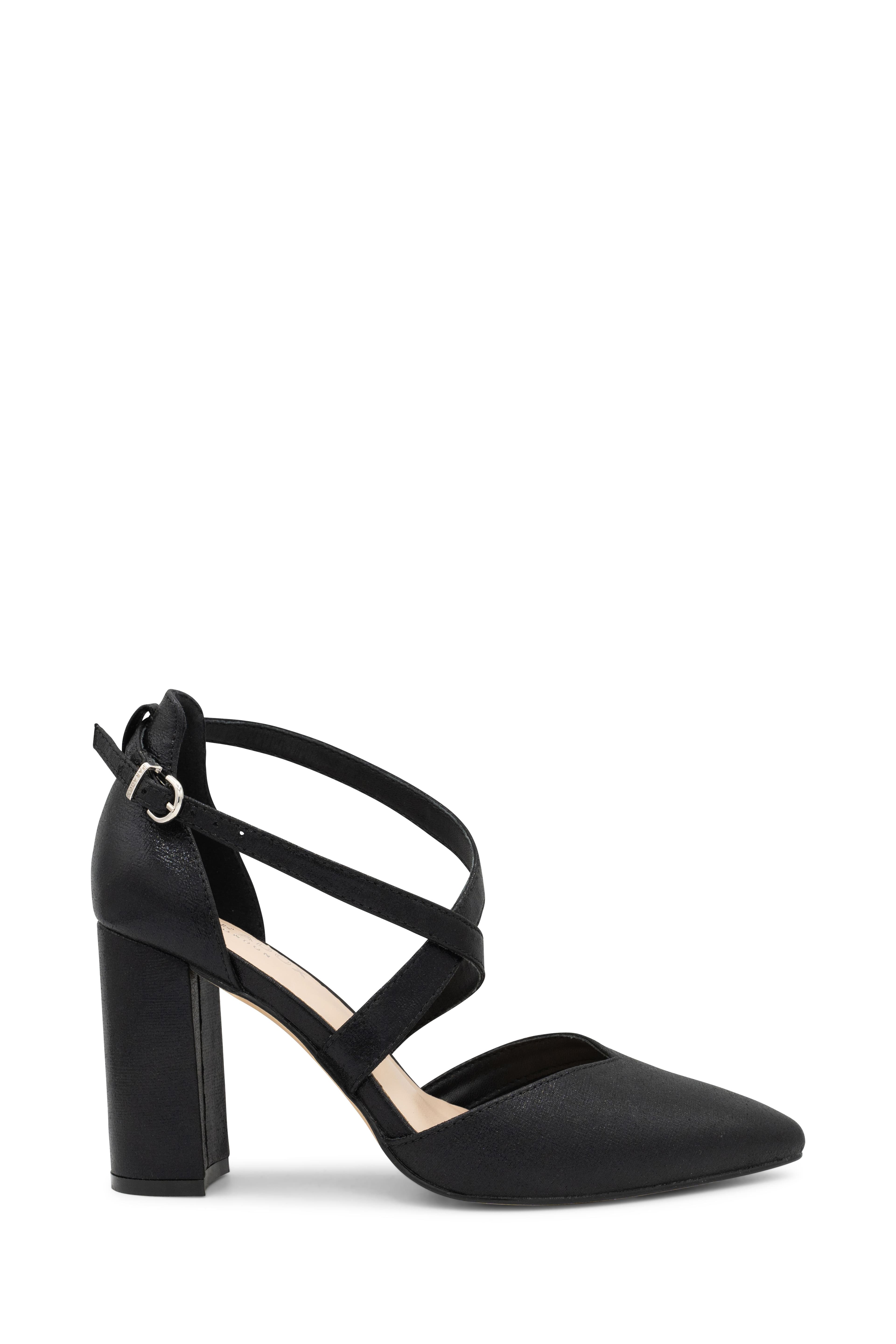 Paradox London Women's Shimmer 'Felicia' Wide Fit High Block Heel Cross Strap Court Shoes in Black | Size: 4