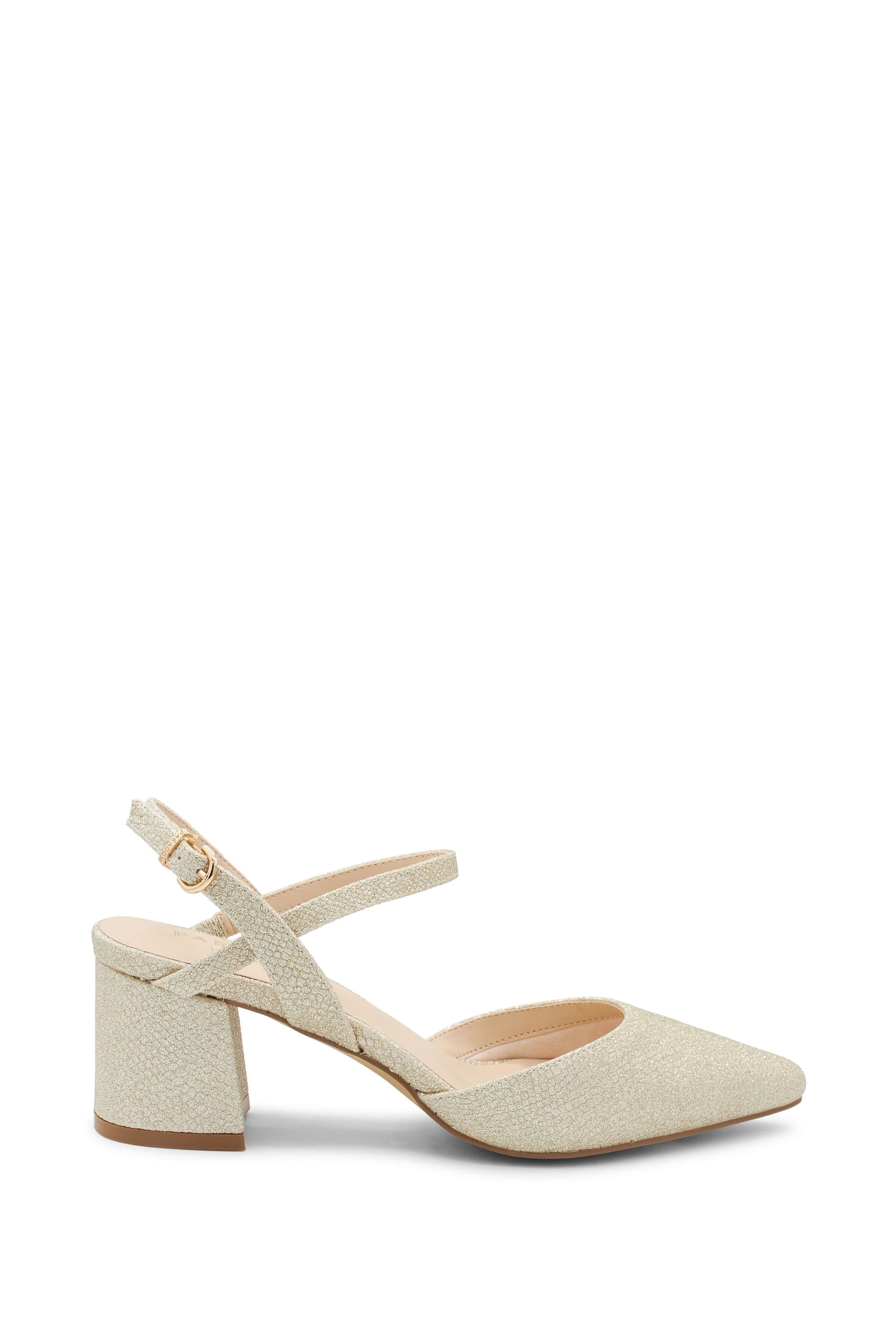 Paradox London Women's Kendra Mid Block Heel pointed Court Shoe in Gold | Size: 9