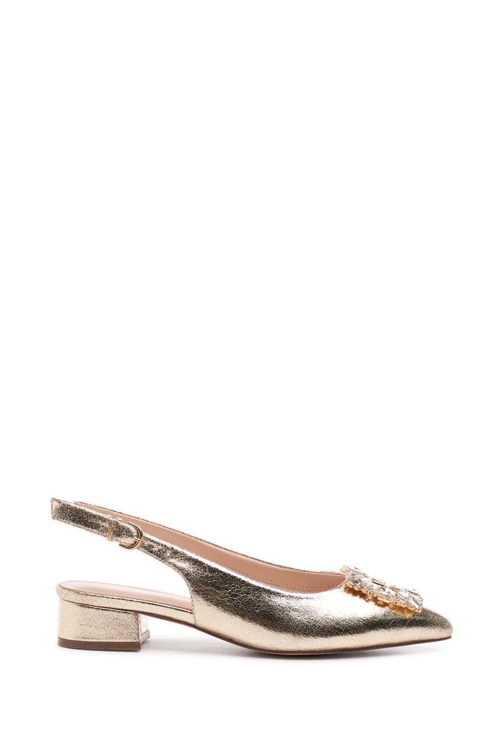 Paradox London Women's 'Fortune' Wide Fit Low Heel Sling Backs in Metallic Gold | Size: 6E