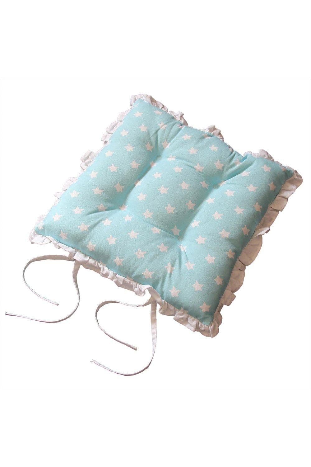Reversible Frilled Cushion Seat Pad Ties Blue Stars