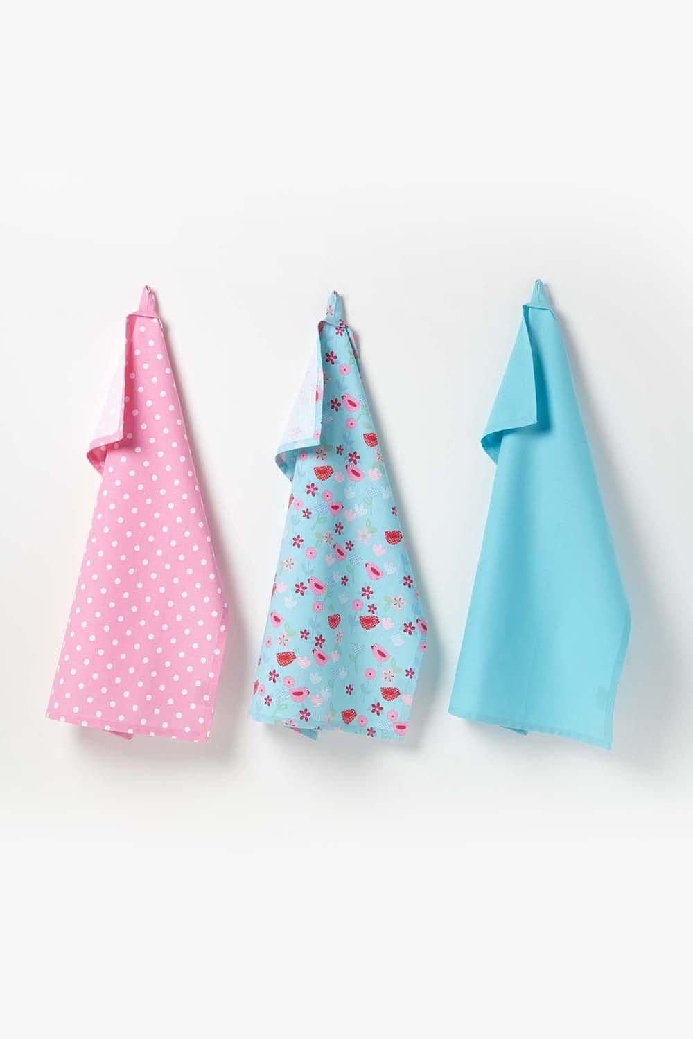 Cotton Birds Flowers Pink Tea Towels Set Three