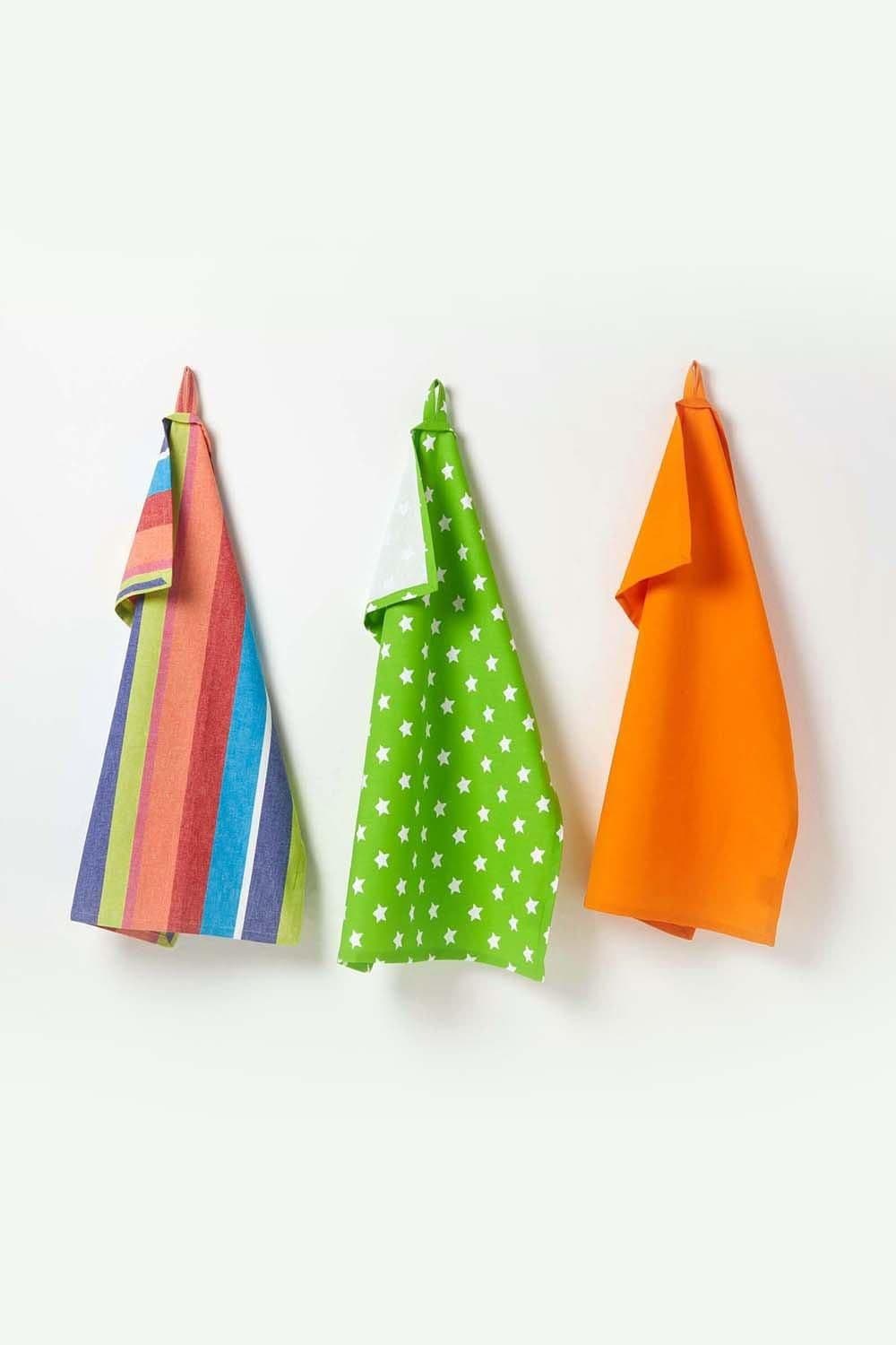 Cotton Stars Lime Green Orange Tea Towels Set Three