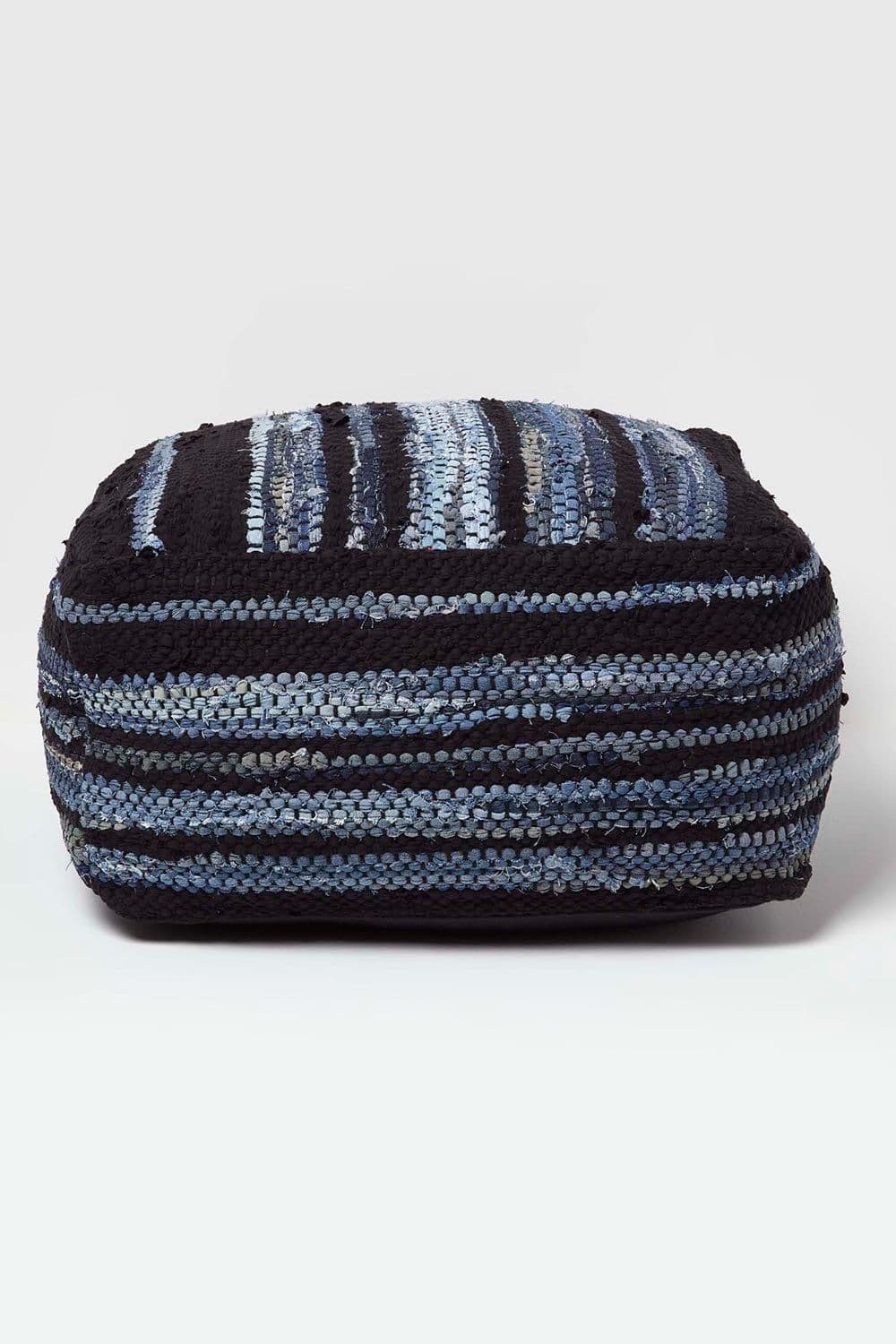 Texas Leather Denim Woven Striped Bean Filled Pouffe 60 cm