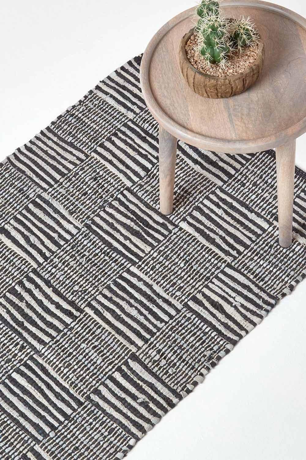 Real Leather Handwoven Striped Block Check Hall Runner 66 x 200 cm