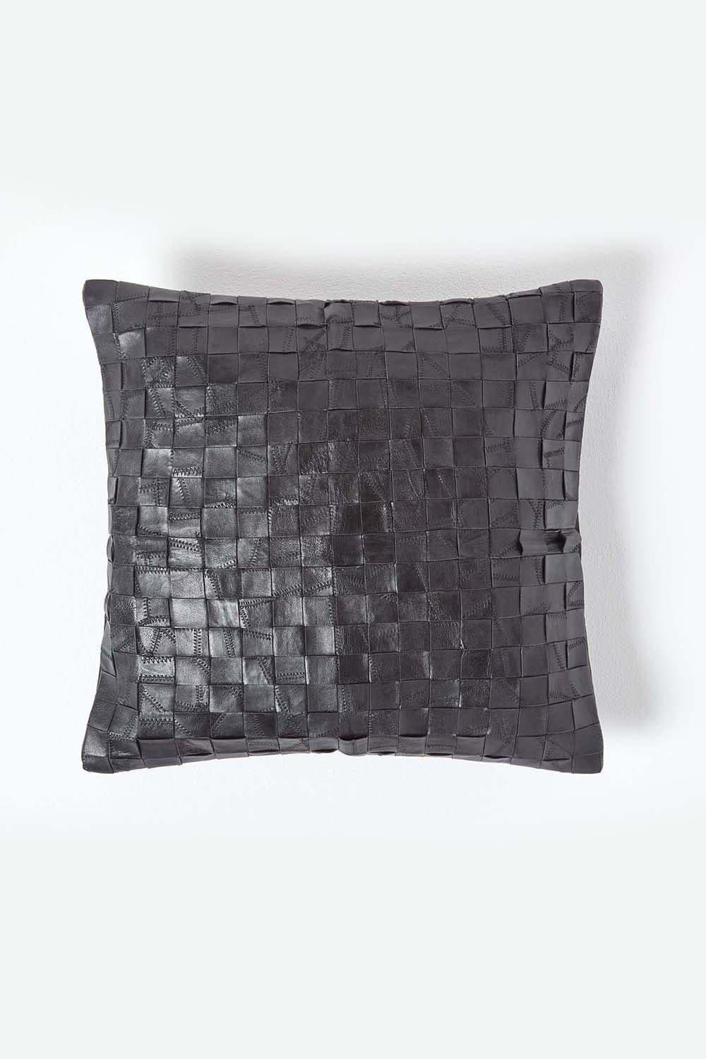 Real Leather Basketweave Check Suede Cushion Feather Filling