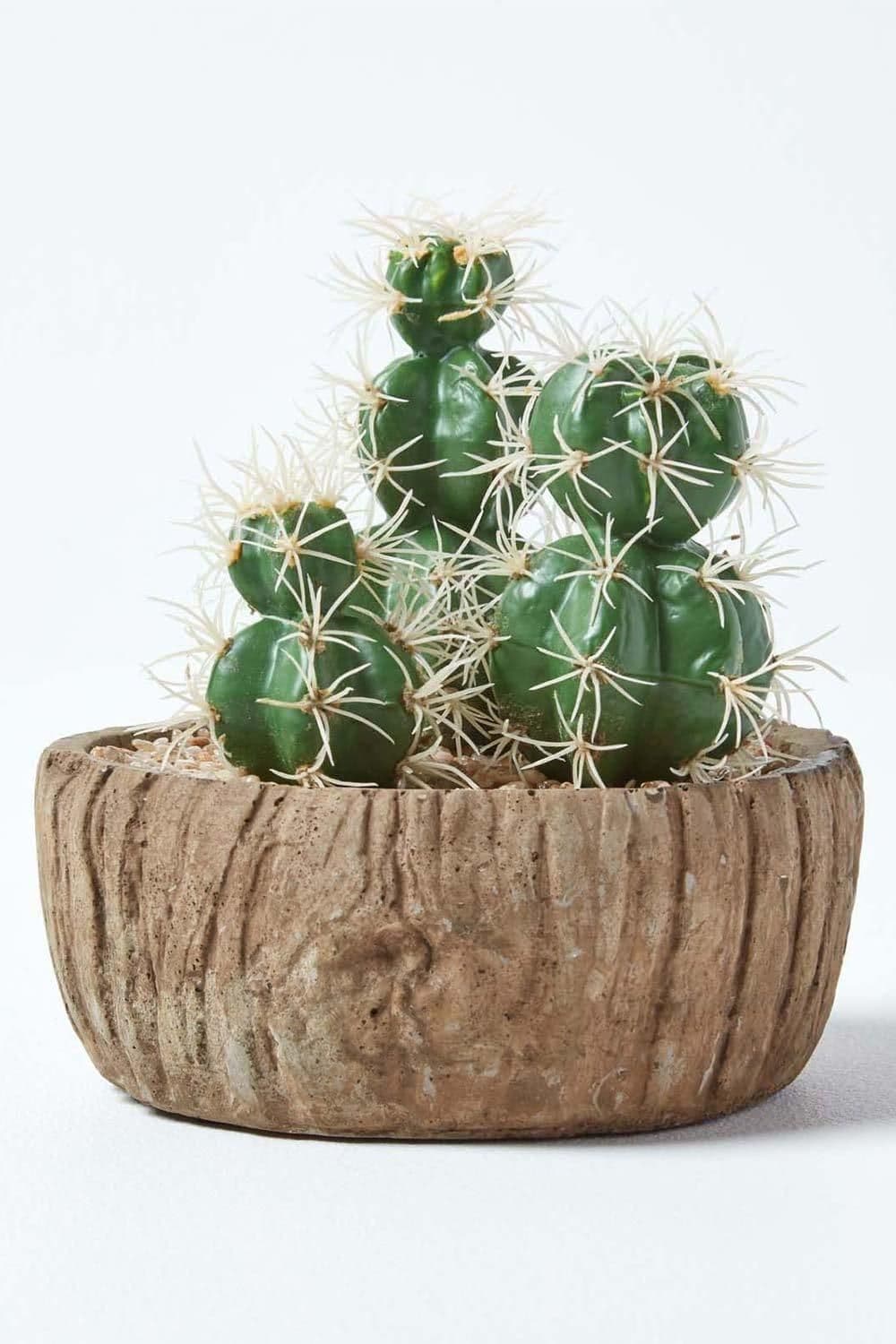 Echinocactus Artificial Cactus Round Wooden Planter 15 cm Tall