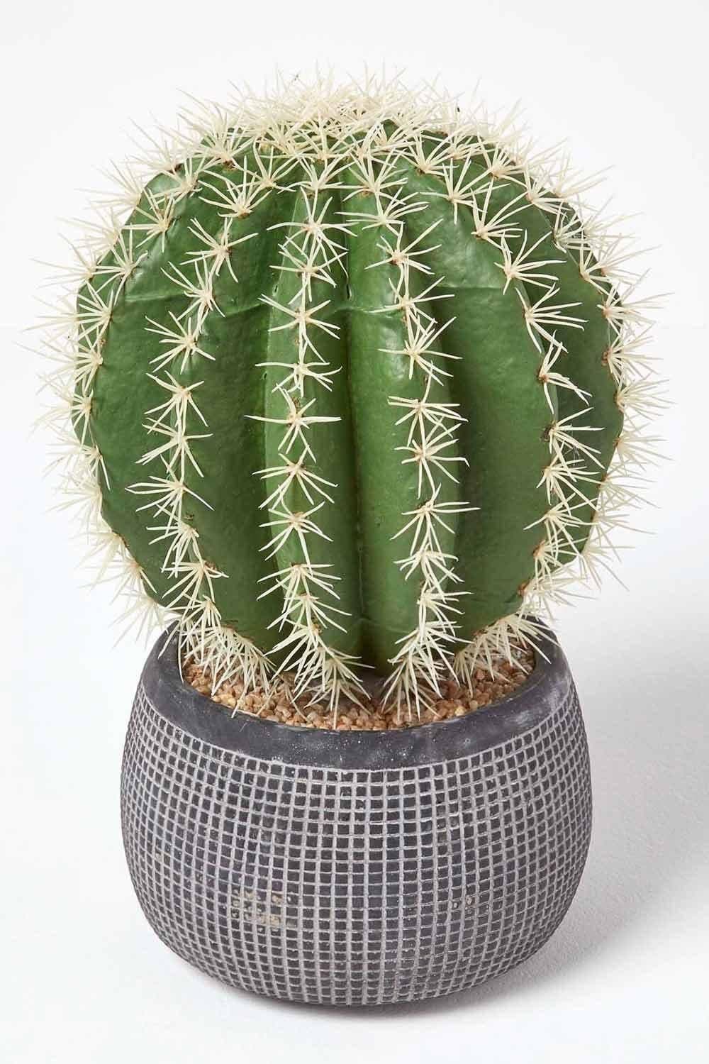 Golden Barrel Artificial Cactus Textured Stone Grey Pot 38 cm