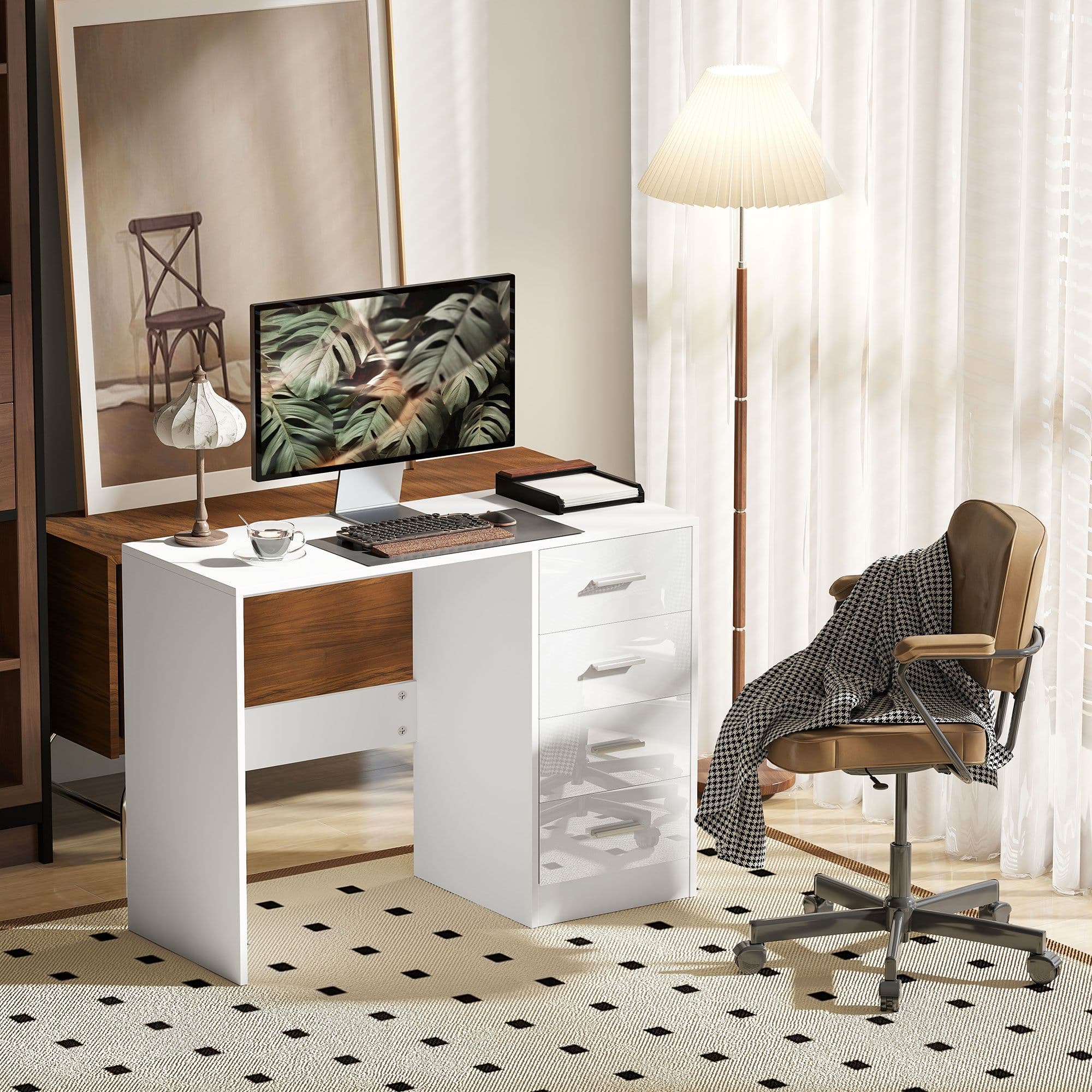Computer Writing Desk, Study Table with 4 Drawers